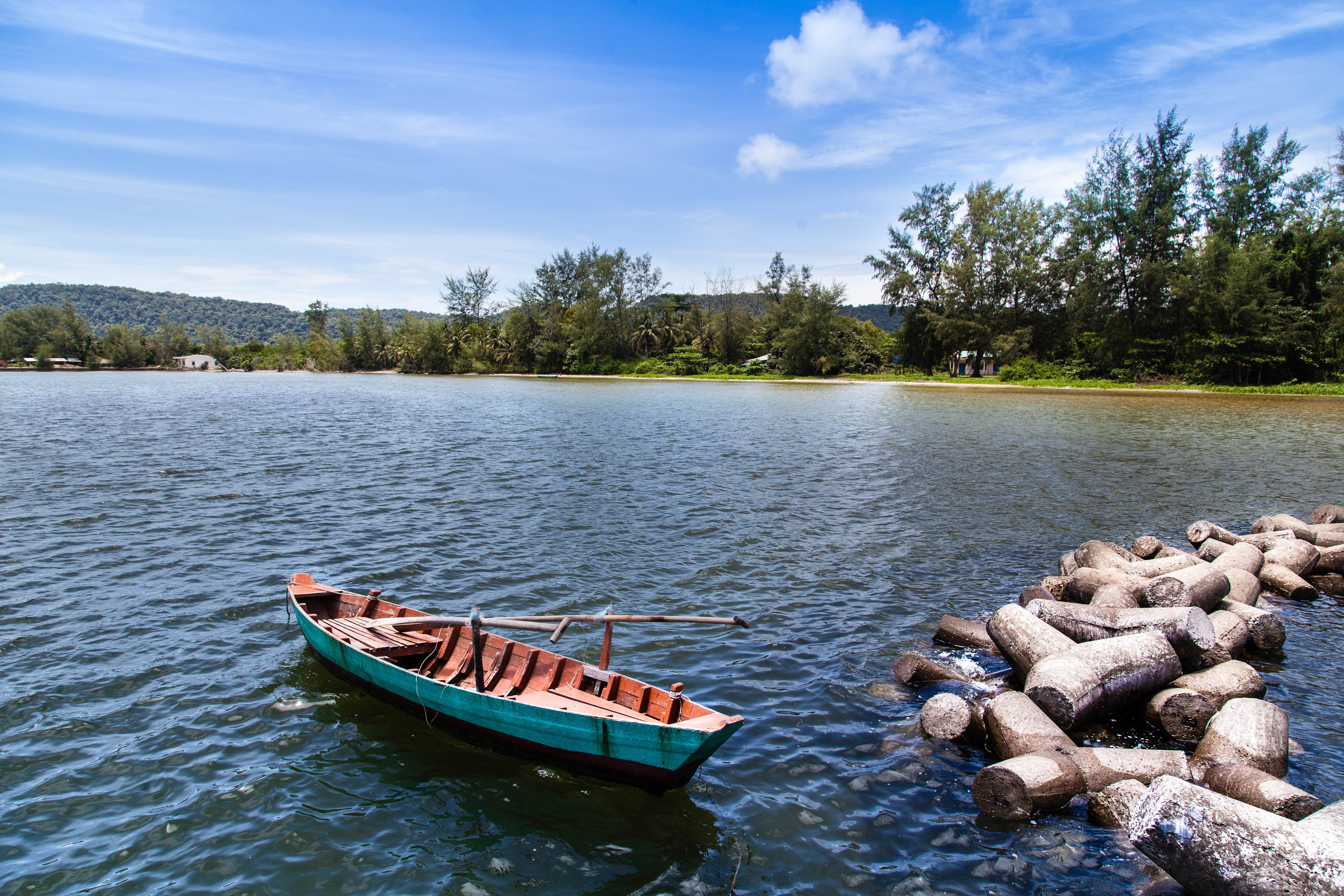 summer, river, nautical Vessel, nature, boat, outdoors, 5K, no people, mode of transportation, solid, rock, phu quoc, rowboat, sky, tranquil scene, plant, HD Wallpaper