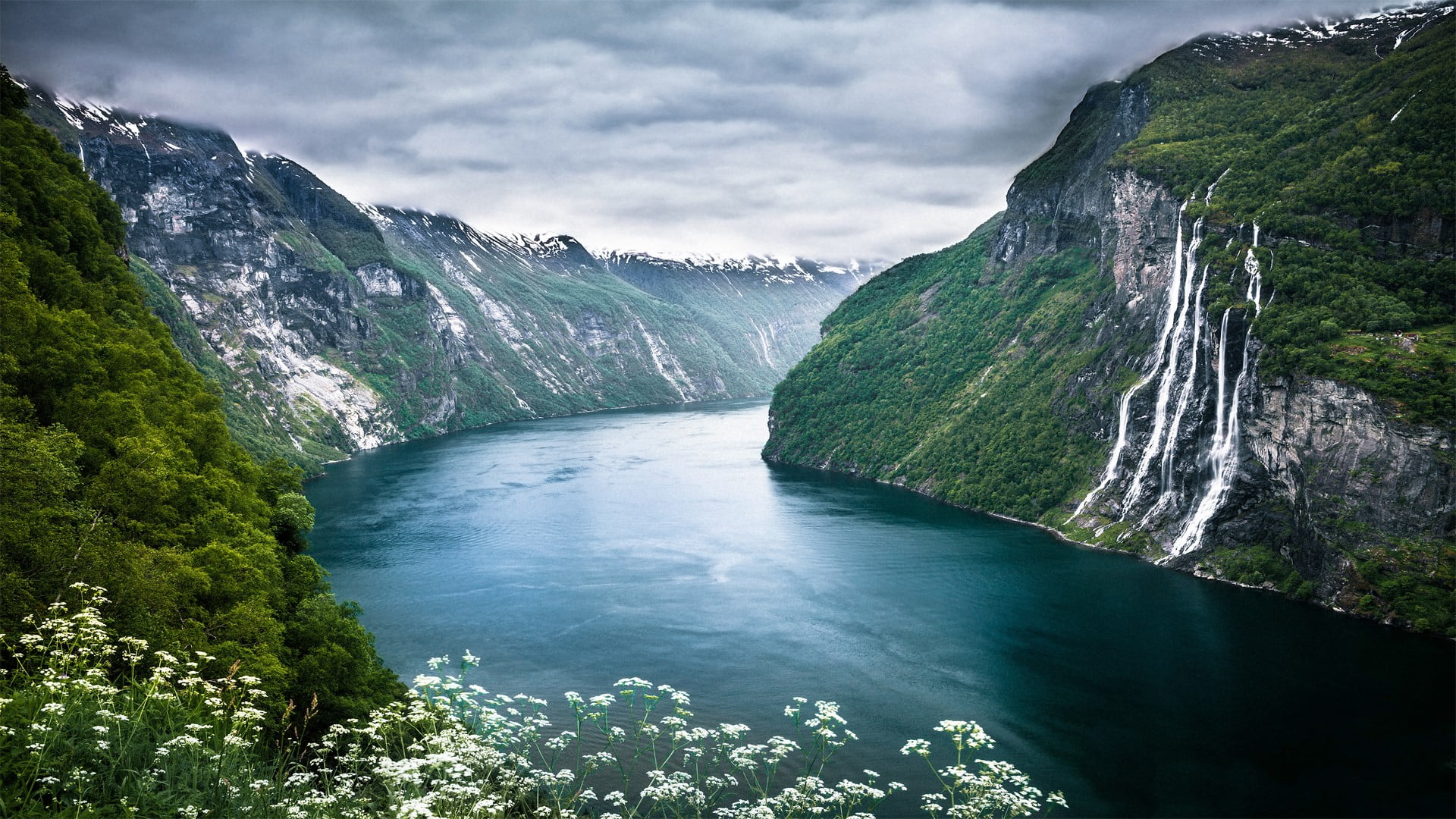 foliage, rock, lake, Geiranger, Seven Sisters, tree, environment, cliff, plant, waterfall, 1080P, rock - object, outdoors, tranquil scene, non-urban scene, HD Wallpaper