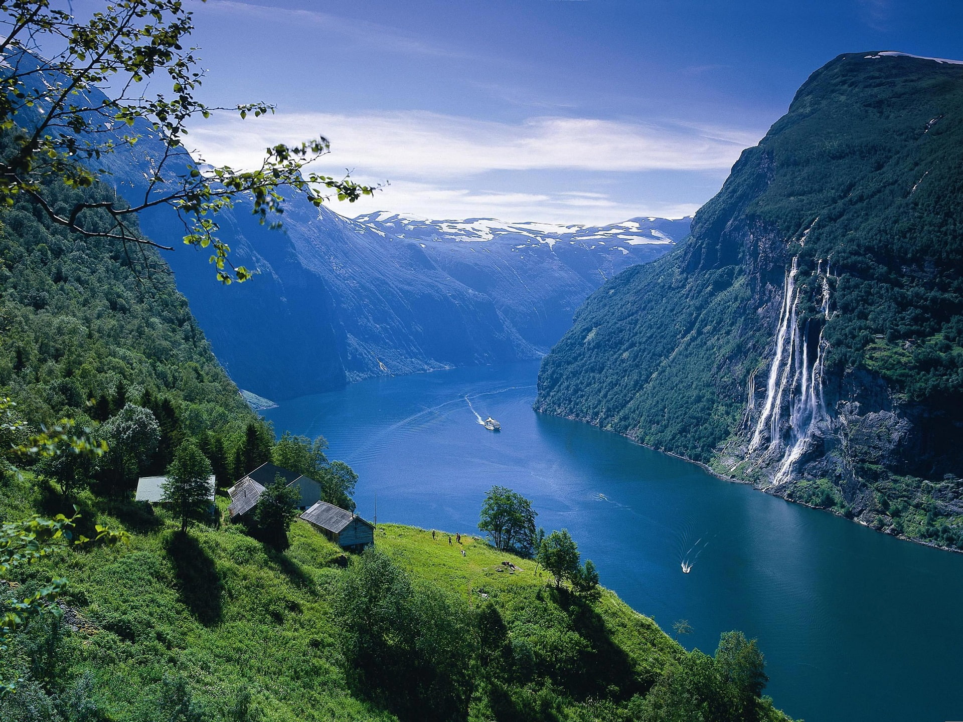 Ship, River, Landscape, Fjord, Mountains, House, Norway, Waterfalls, 1080P, HD Wallpaper