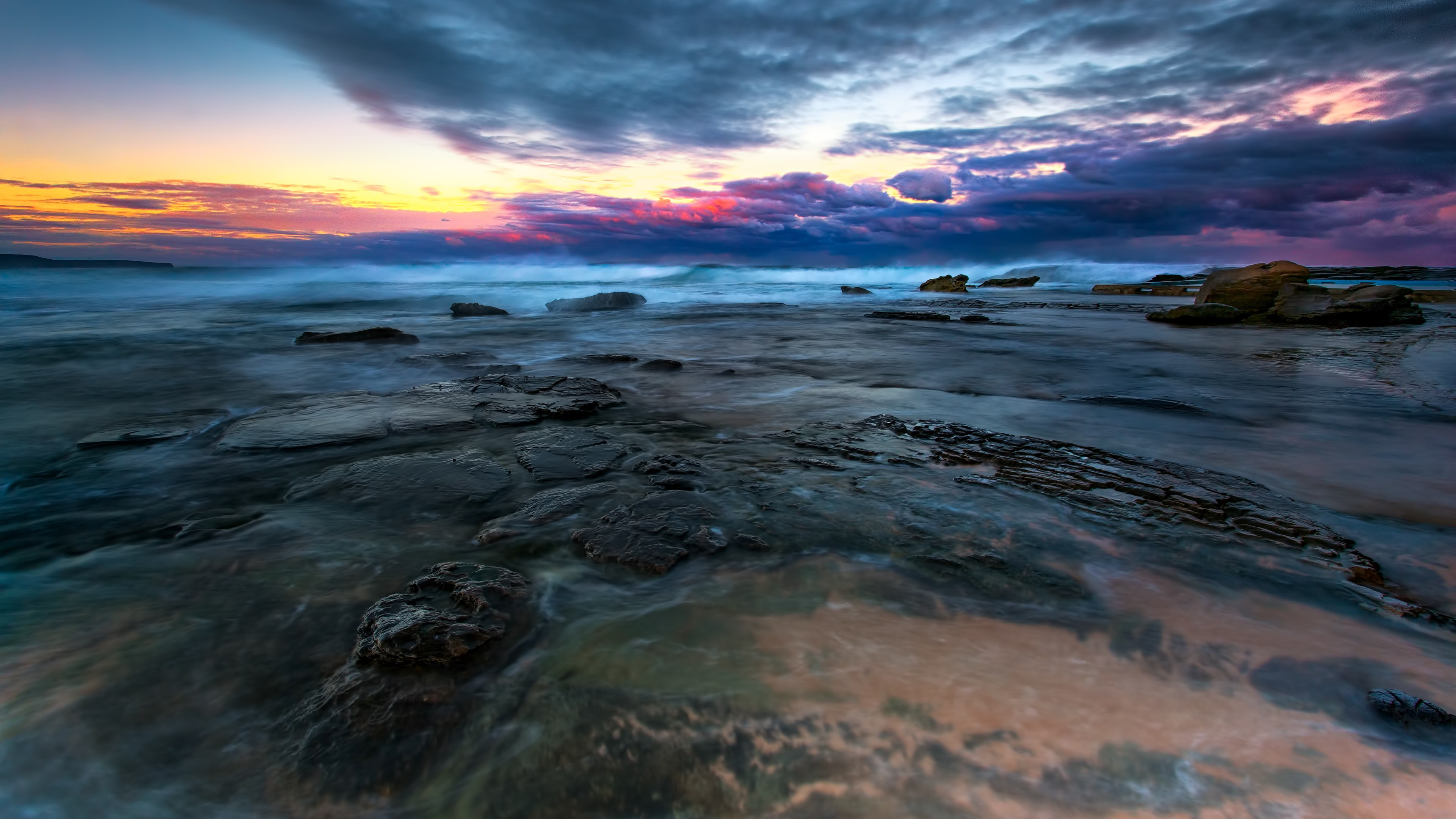 rock, flowing water, no people, outdoors, rock - object, 4K, beach, solid, nature, water, sunset, dramatic sky, cloud - sky, environment, beauty in nature, HD Wallpaper