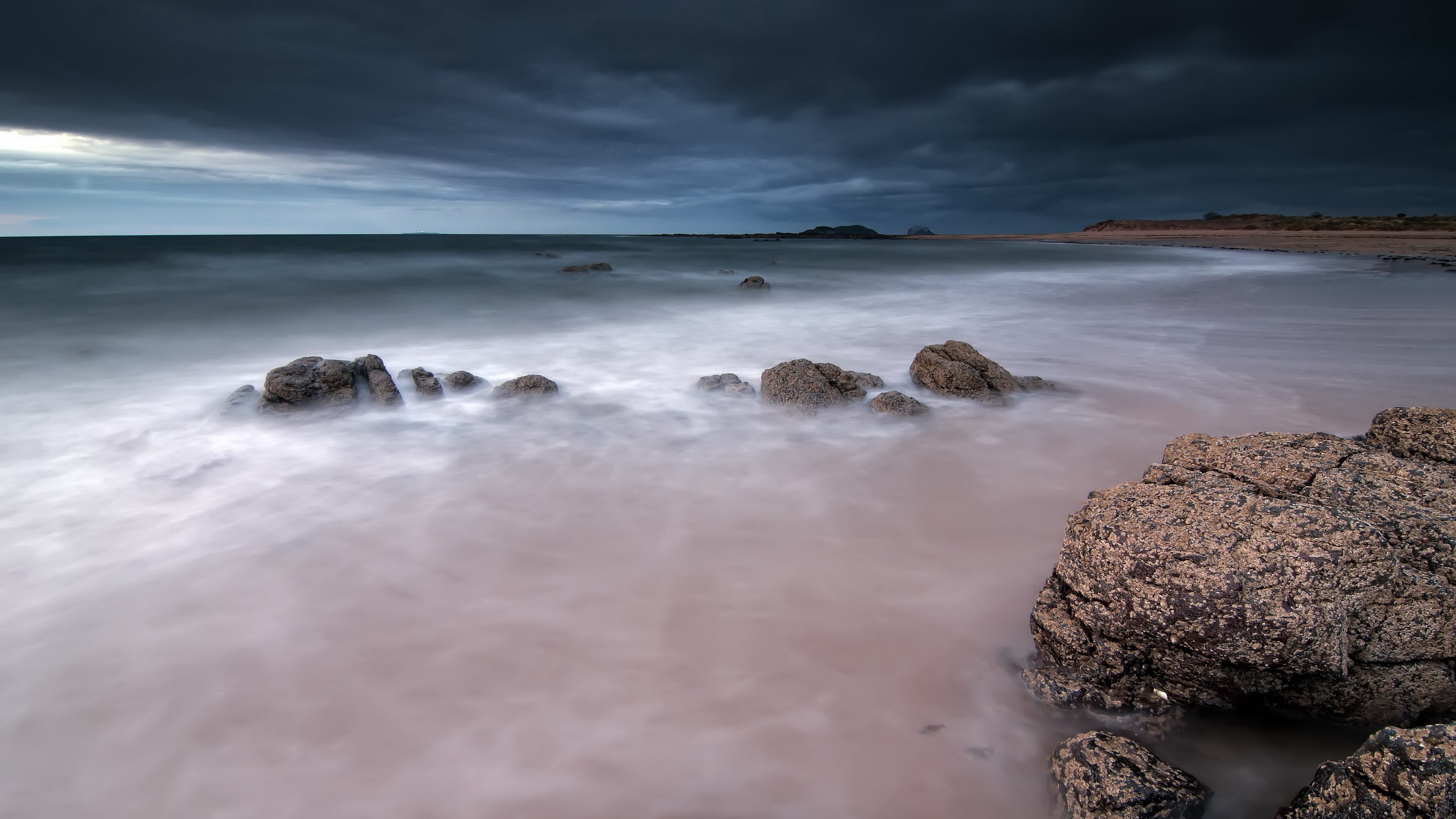 water, beauty in nature, land, nature, 4K, beach, horizon over water, wave, no people, cloud - sky, power in nature, horizon, breaking, blurred motion, HD Wallpaper