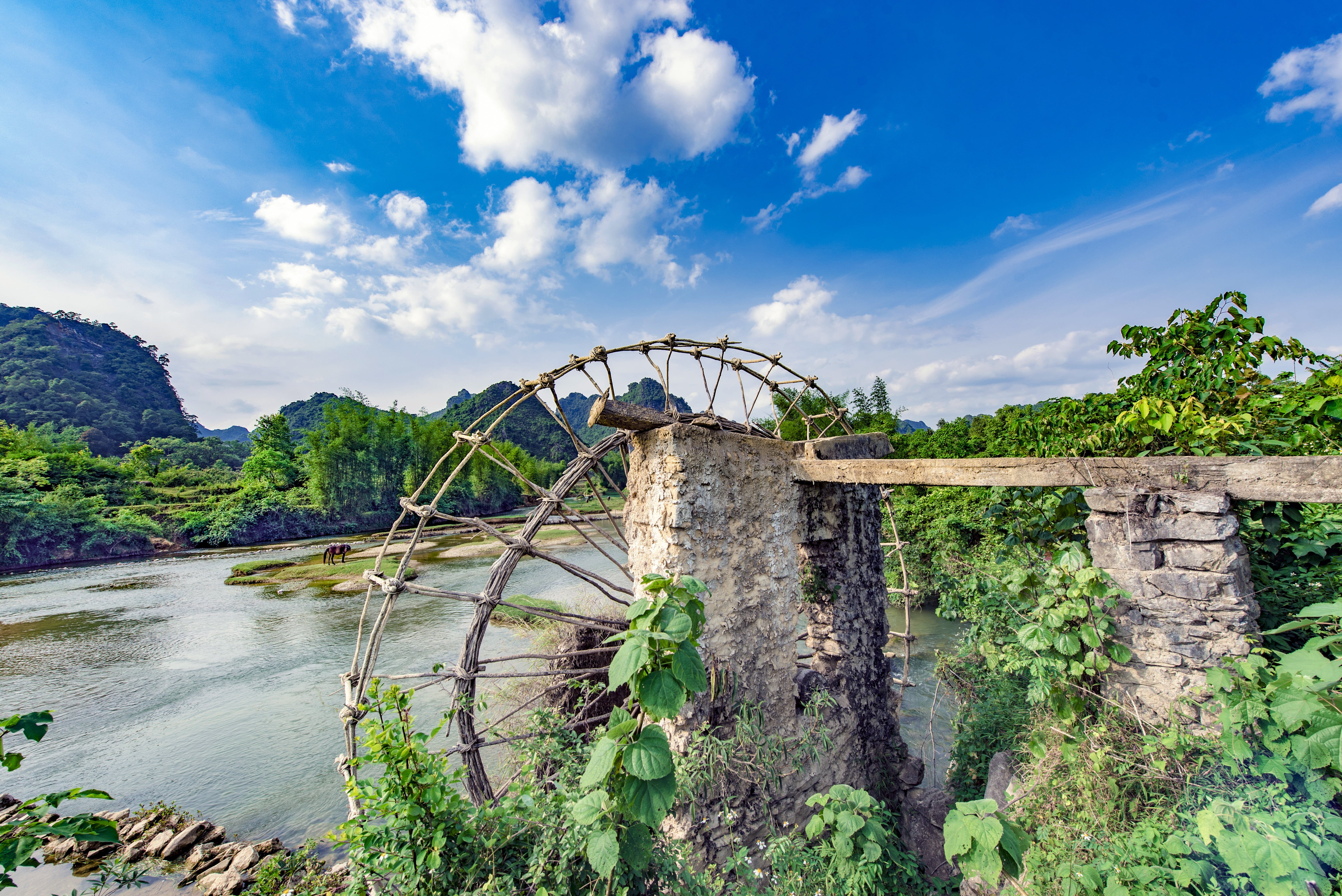 sky, nature, detian falls, outdoors, landscape, old, day, environment, bridge - man made structure, plant, built structure, water, scenery, arch bridge, HD Wallpaper
