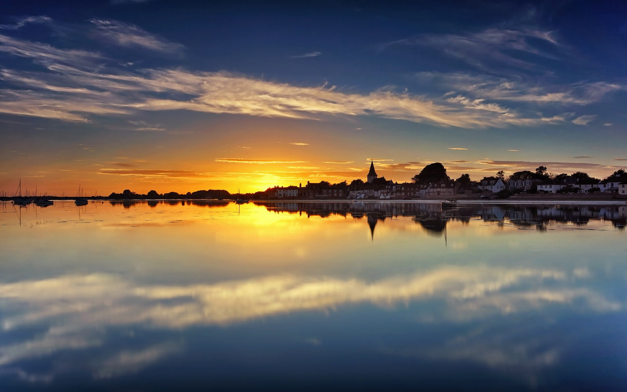 harbour, reflection, Bosch, Bosham, england, Chichester Harbour, sunset, water, chichester, 1080P, HD Wallpaper
