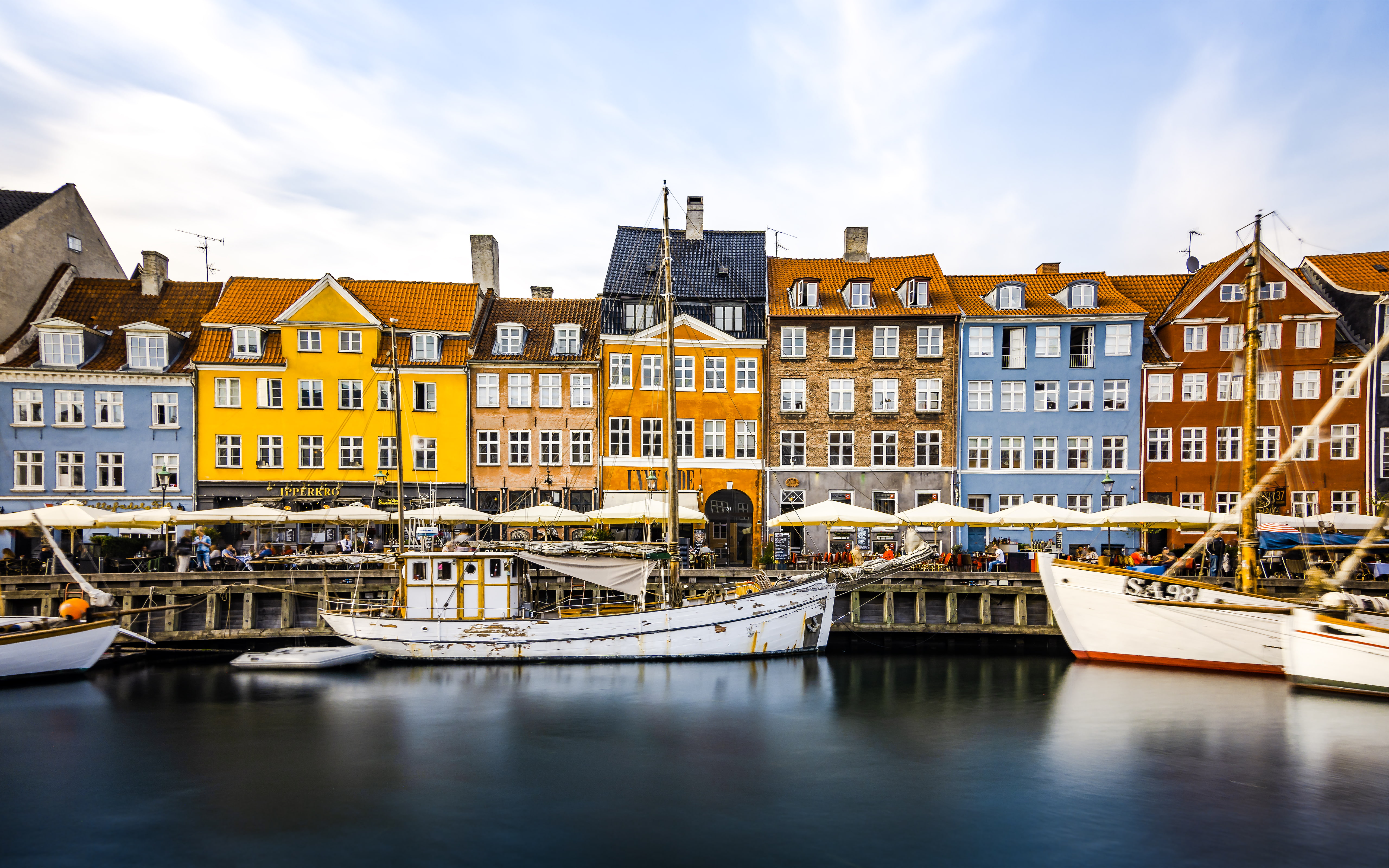 row house, sky, houses, building, 5K, mode of transportation, villages, copenhagen, travel destinations, sailboat, house, coastal, docks, boats, water, HD Wallpaper