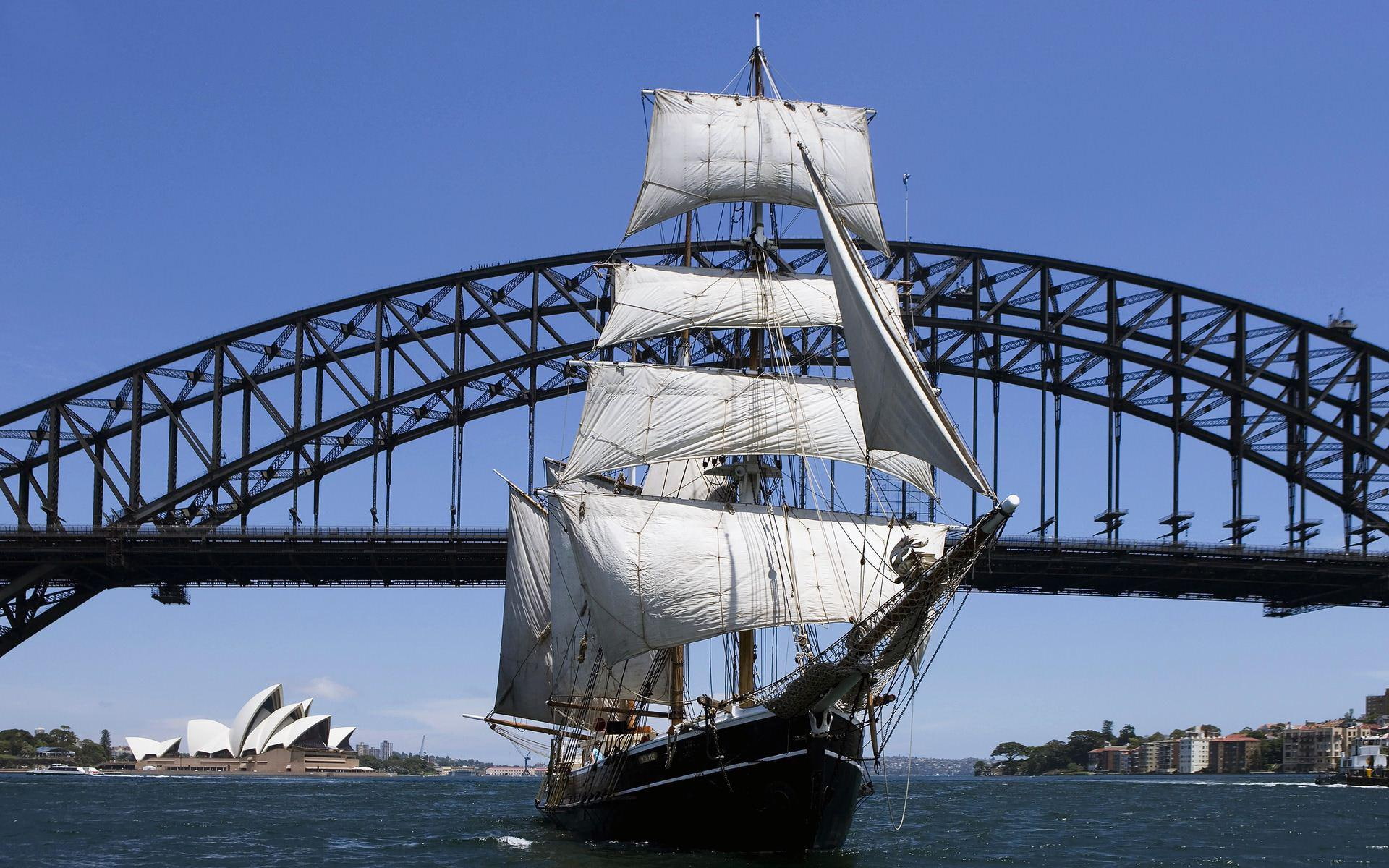 harbour, sailboat under sydney harbour bridge, 1080P, 1920x1200, sailboat, australia, sydney, bridge, HD Wallpaper