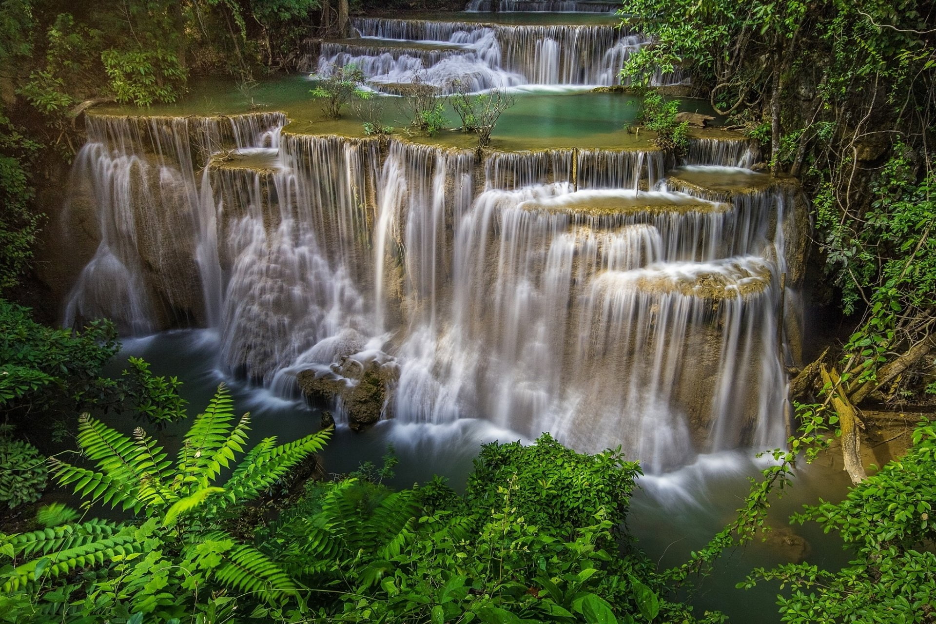 Huai Mae Kamin Waterfall, Erawan Waterfall, Waterfall, 1080P, Erawan National Park, Thailand, Waterfalls, HD Wallpaper