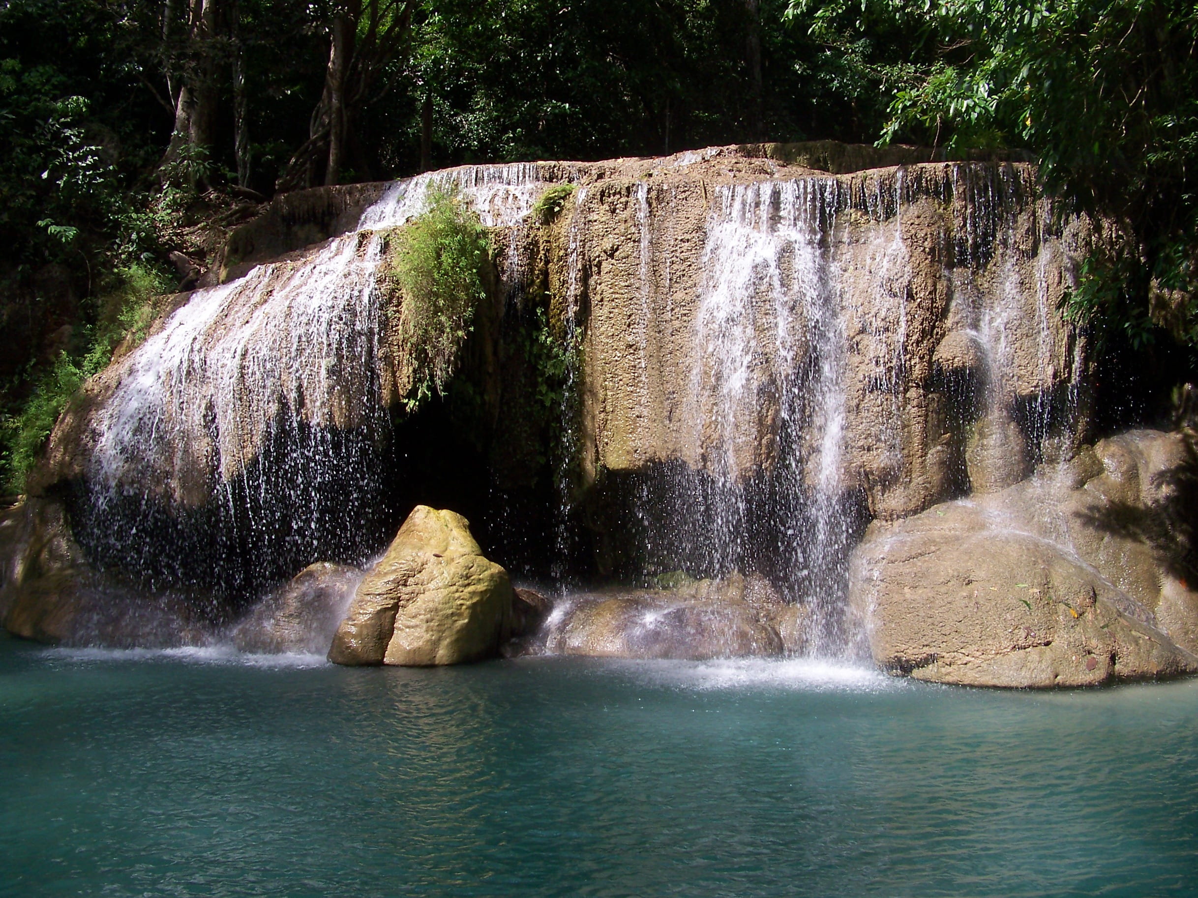 nature, rainforest, splashing, power in nature, outdoors, solid, natural water, brown, erawan, waterfalls, rock - object, water, motion, trees, forest, HD Wallpaper