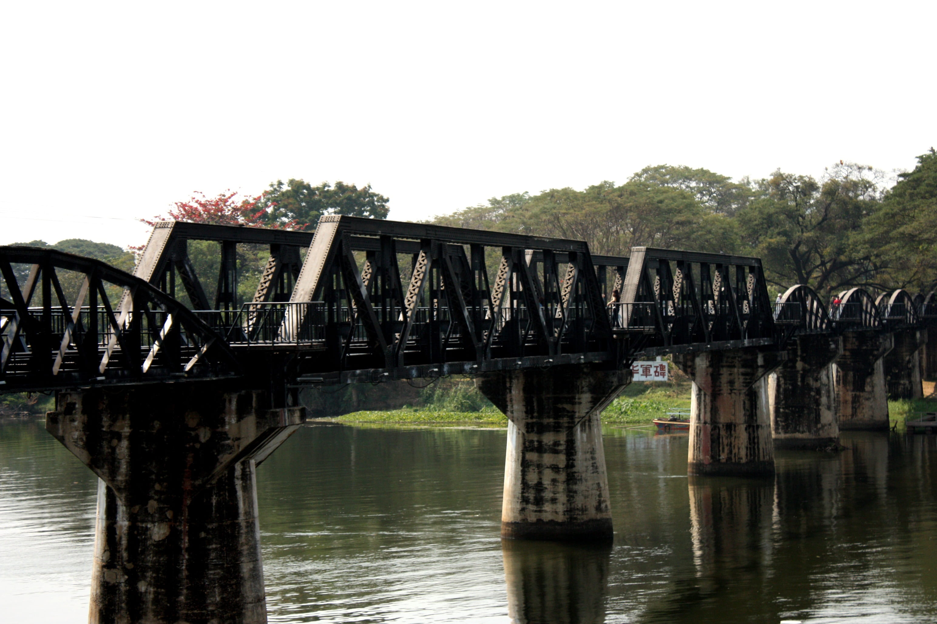 outdoors, tree, prisoners of war, sky, transportation, the bridge over the river kwai, connection, architectural column, bridge, kanchanaburi, water, plant, HD Wallpaper