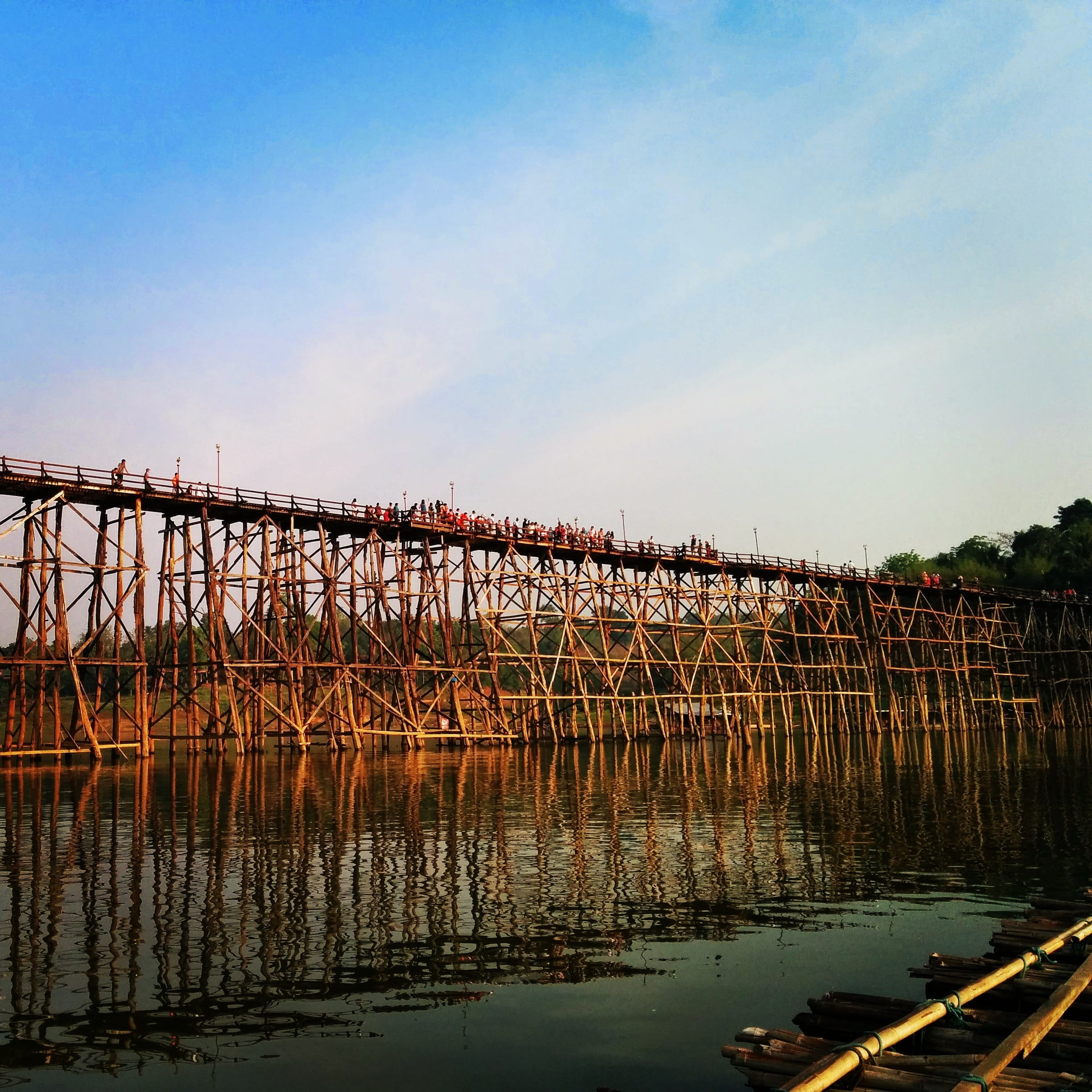 connection, wooden, water, nature, tha town bridge, 1080P, river, plant, day, transportation, clear sky, in the summer, sky, built structure, kanchanaburi, Phone HD Wallpaper