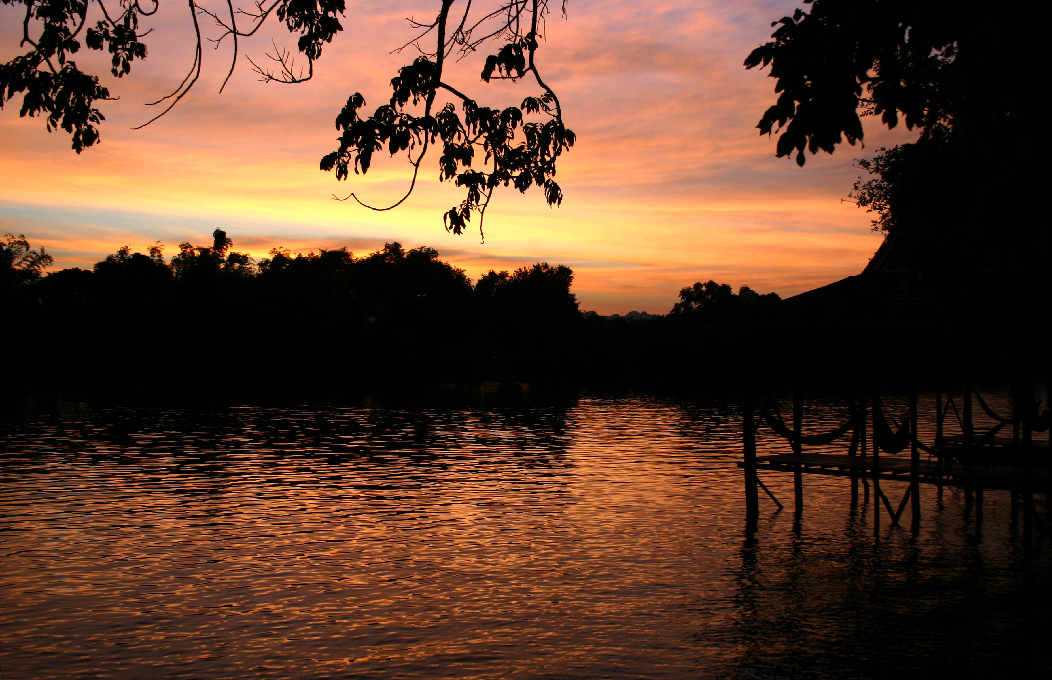 river, silhouette, no people, hammock, scenics - nature, lake, nature, sky, plant, orange color, kuwai, water, beauty in nature, 2K, waterfront, thailand, HD Wallpaper