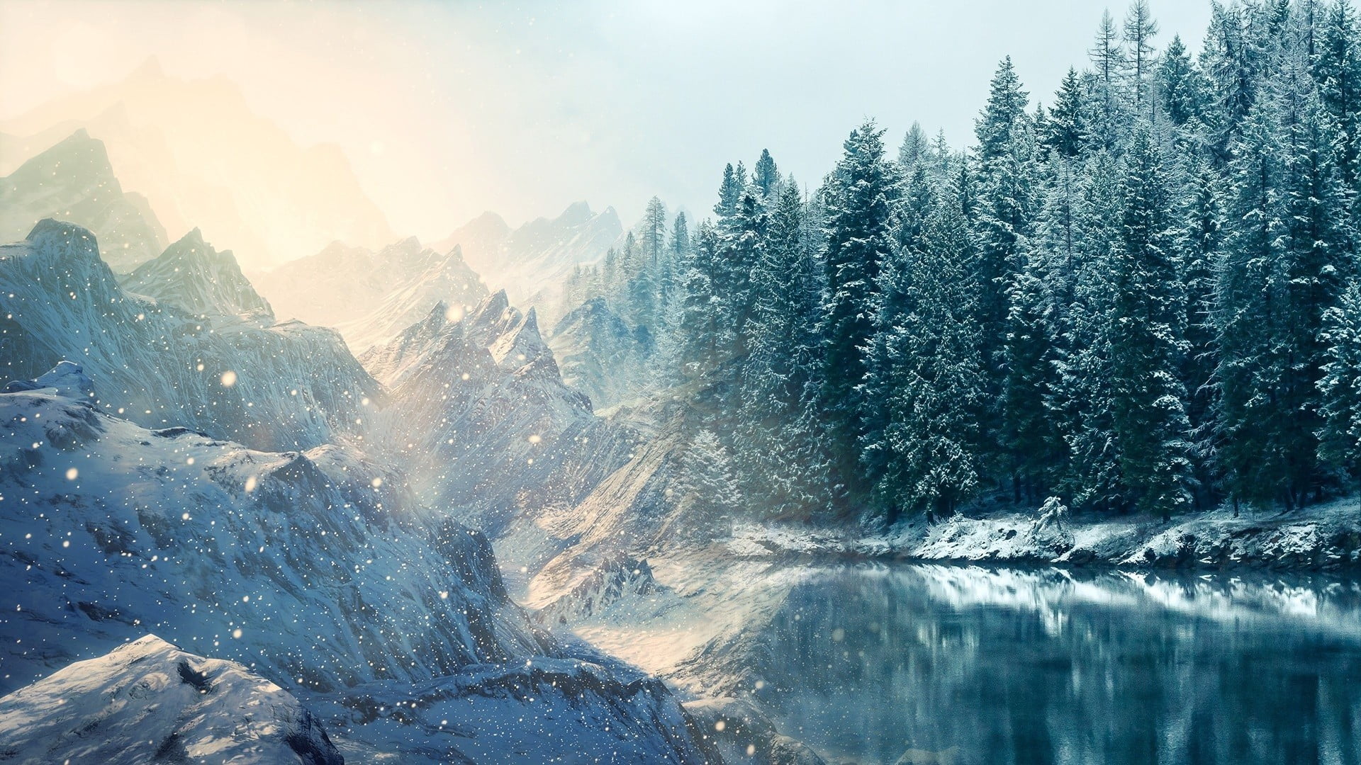 scenics - nature, illustration, mountain range, mountains, winter, rocky, no people, nature, cold temperature, snowcapped mountain, mountain, sky, lake, HD Wallpaper