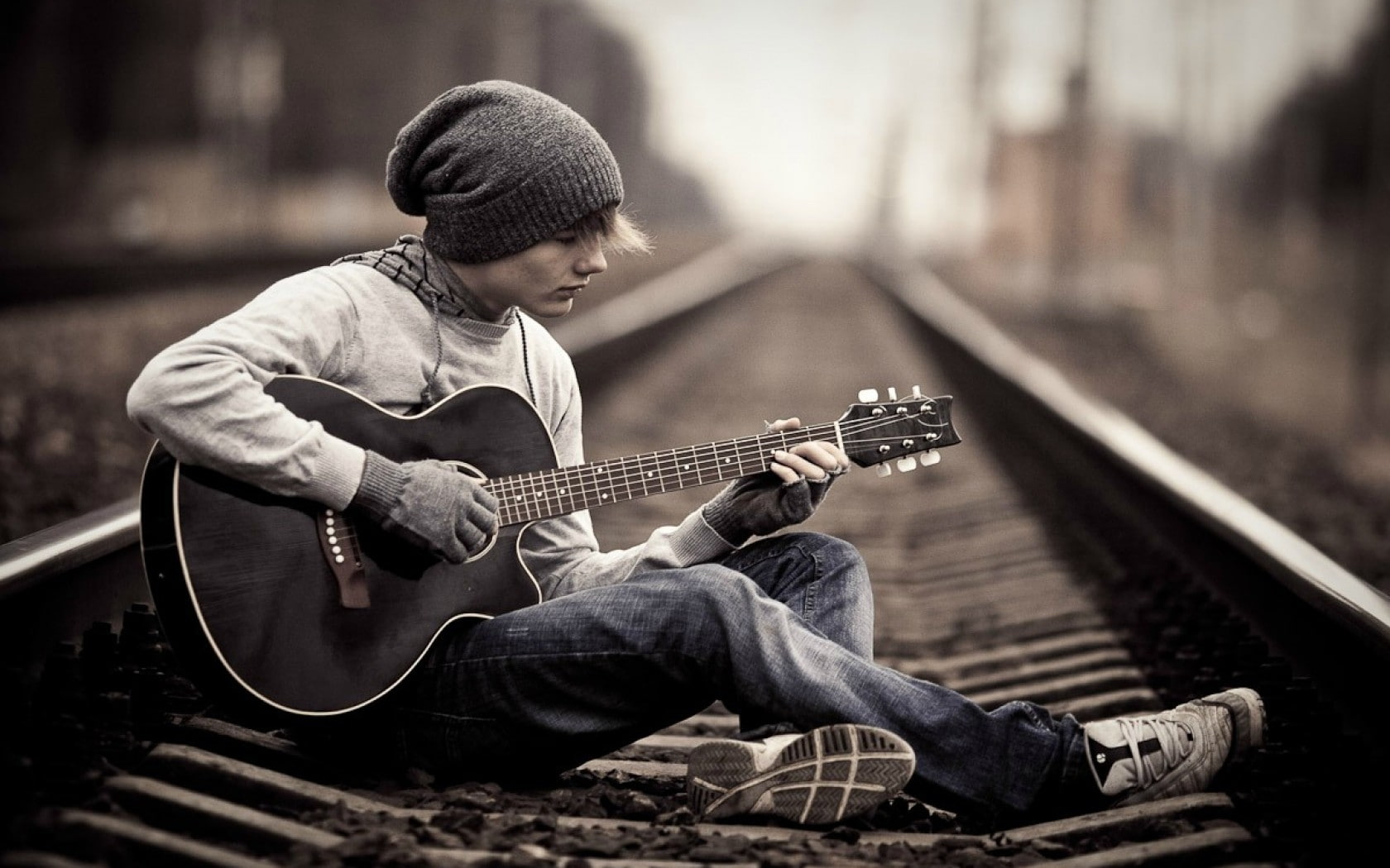 alone, Jeans, art, guitars, x, trains, 720P, white, boys, hats, playing, black, entertainment, music, hd, black and white, HD Wallpaper