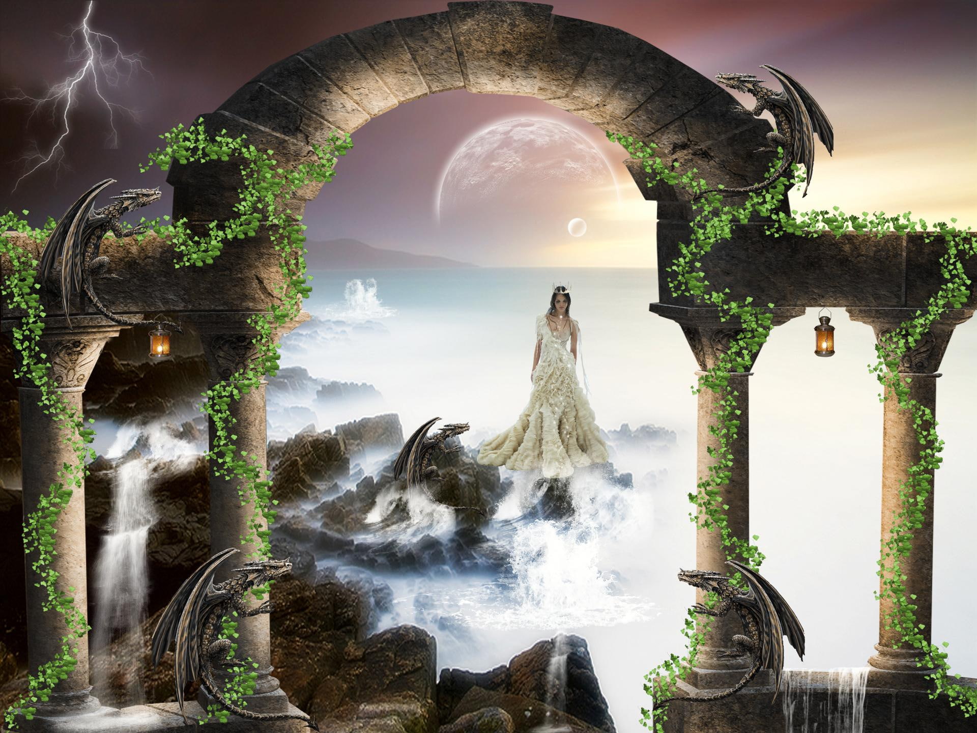 1080P, lightning, moon, fantasy, girl, vines, concrete, 3d and abstract, archway, dragons, brown, white, arch, lizards, HD Wallpaper
