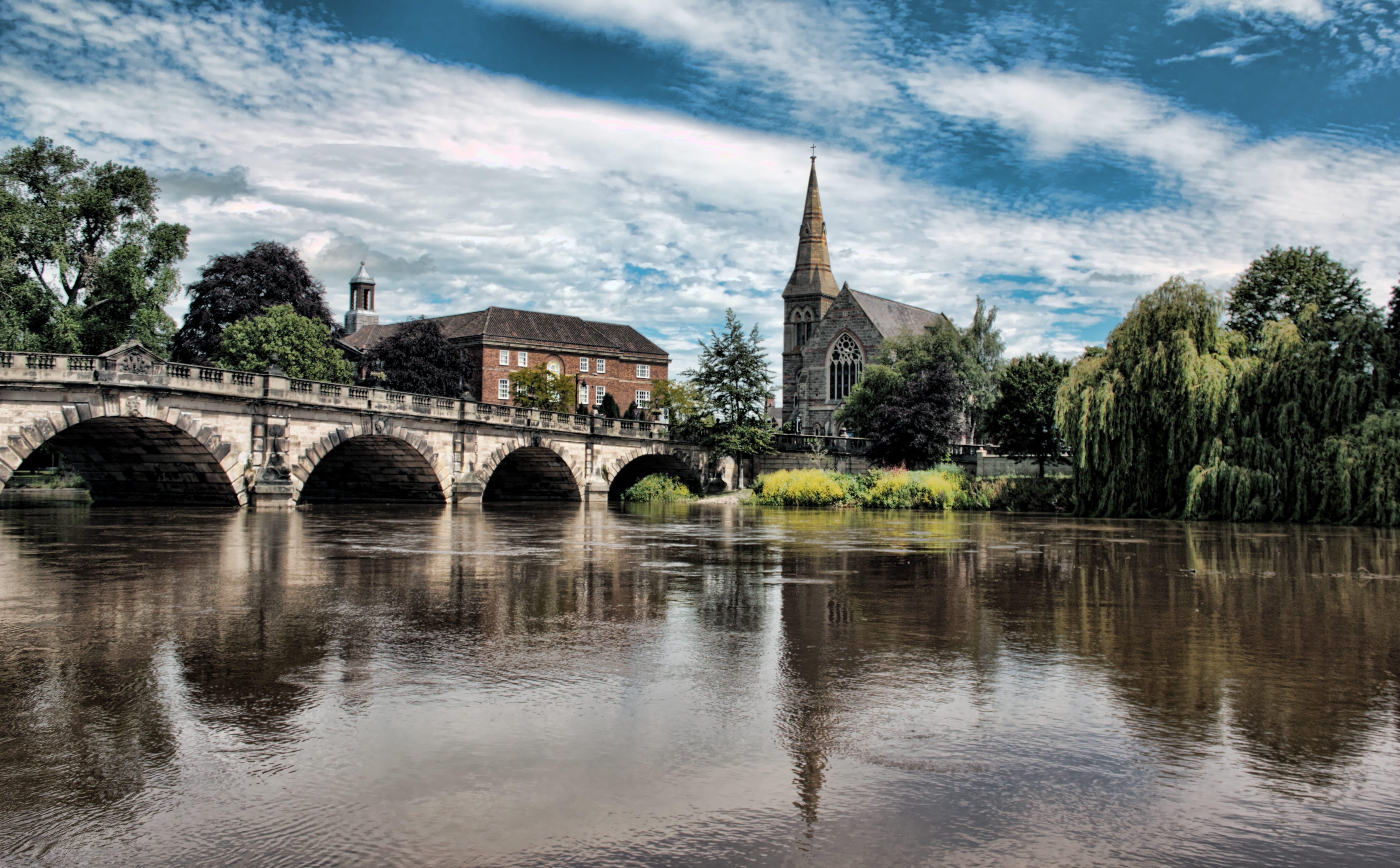 5K, severn, english bridge, outdoors, painting, blue, bridge, stone, body, temple, england, arch bridge, water, spring, cloud - sky, archway, arched, nature, HD Wallpaper