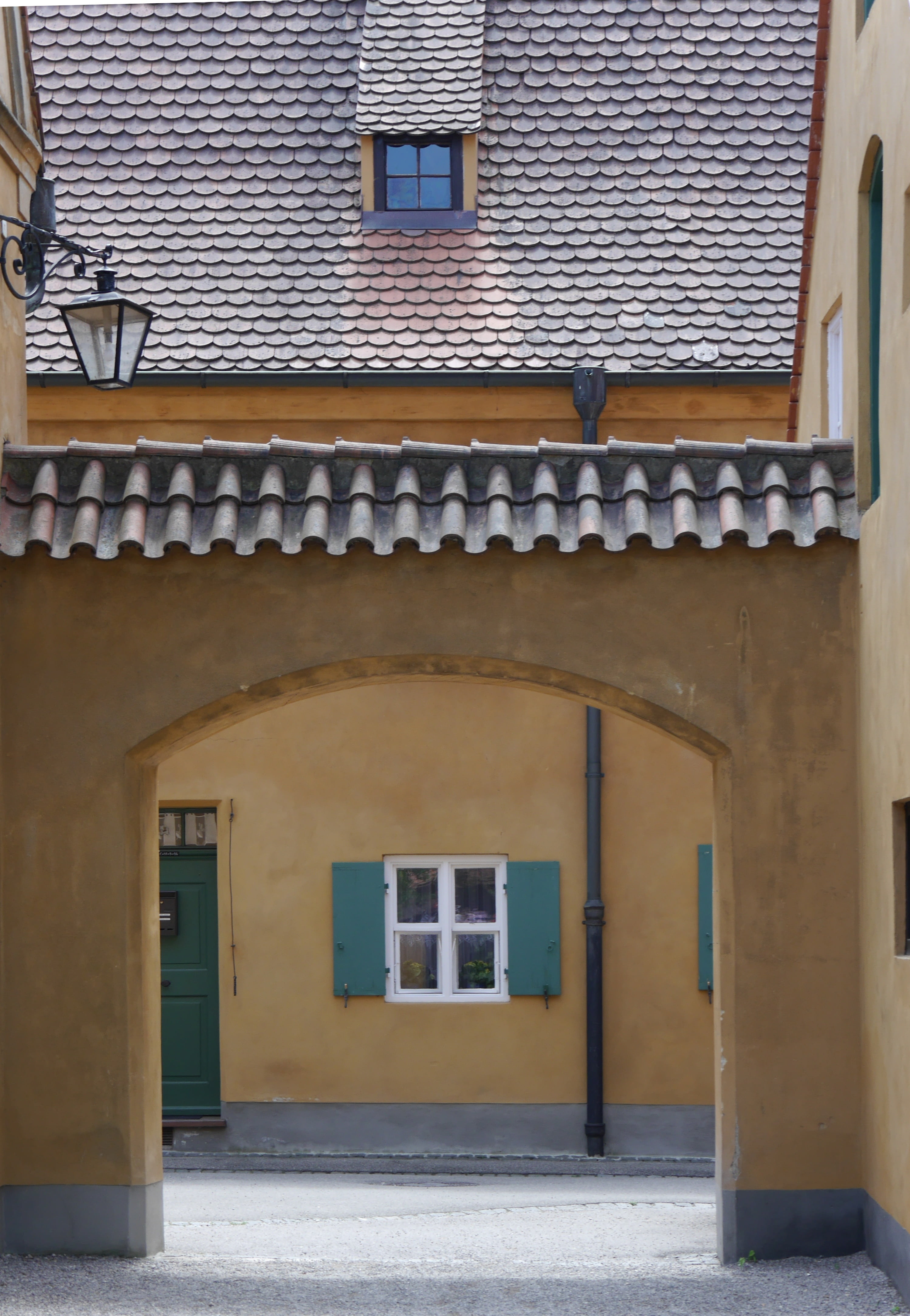 entrance, city, roof tile, augsburg, fugger, building exterior, low angle view, built structure, security, lighting equipment, window, building, arch, pattern, Phone HD Wallpaper