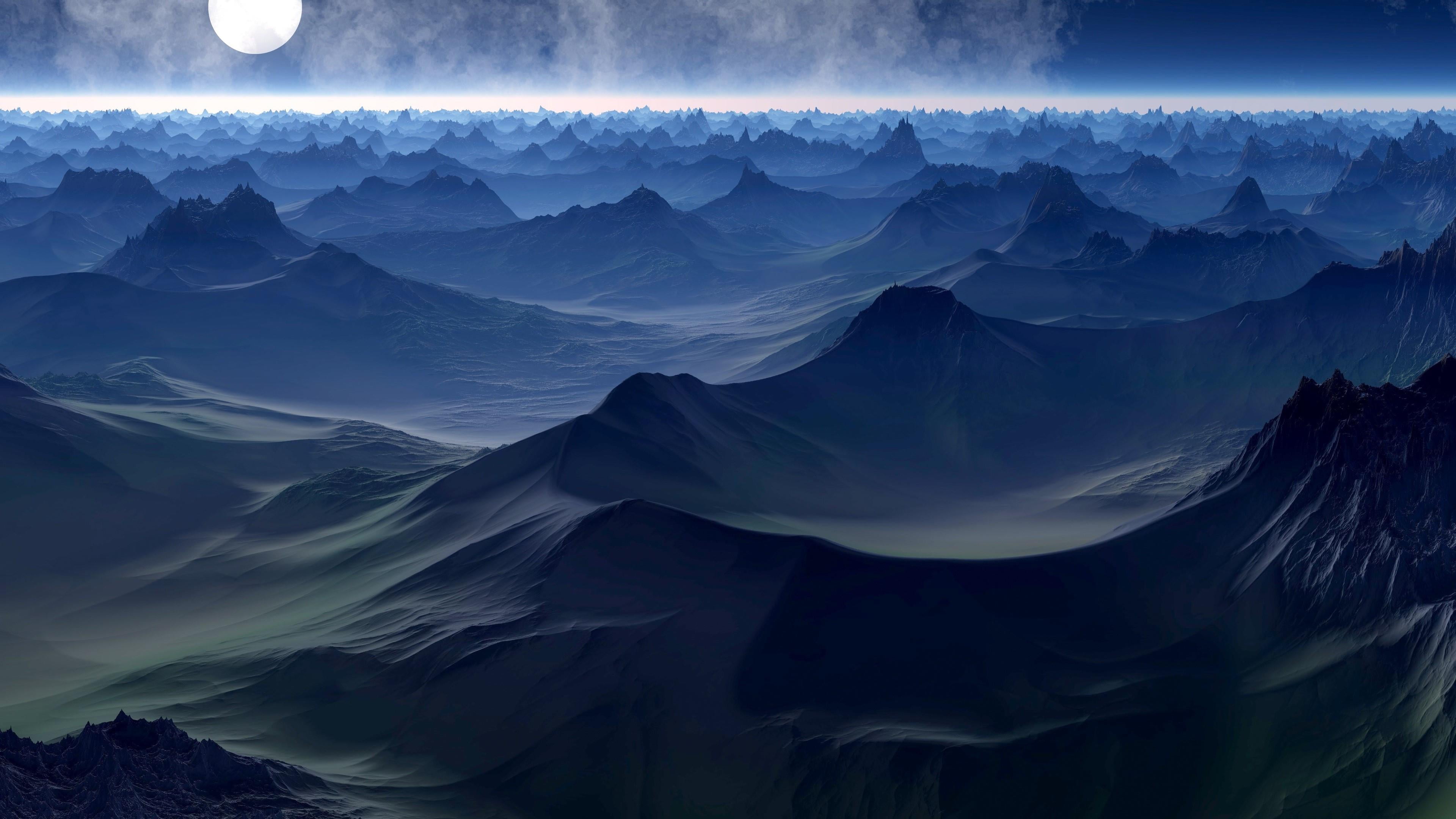 calm, night, tranquility, mountains, beauty in nature, physical geography, mountain, snowcapped mountain, outdoors, moon, surface, non-urban scene, mountain range, HD Wallpaper