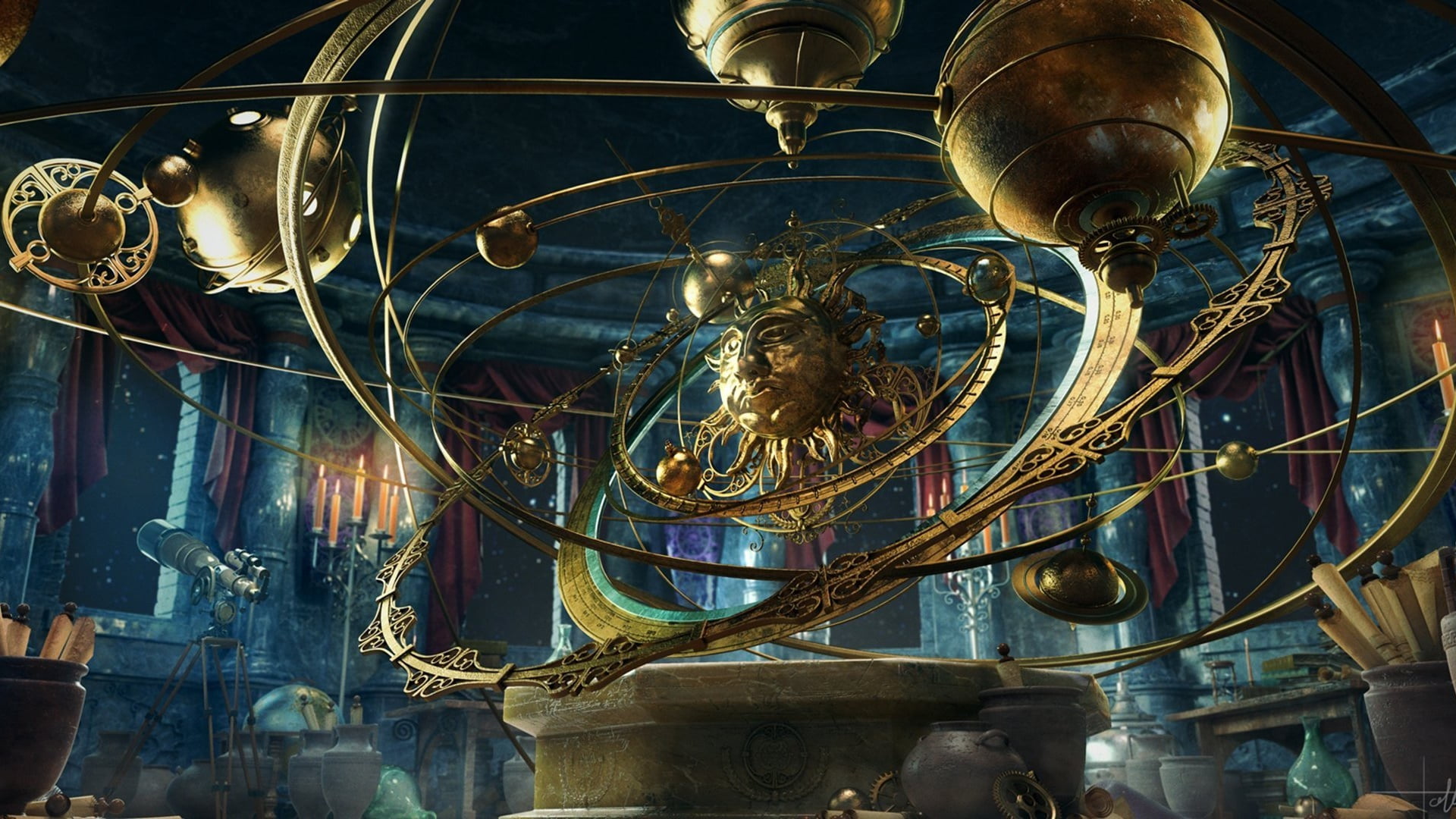 planets, glass - material, steampunk, technology, art and craft, darkness, close-up, sculpture, no people, night, metal, built structure, golden, indoors, HD Wallpaper