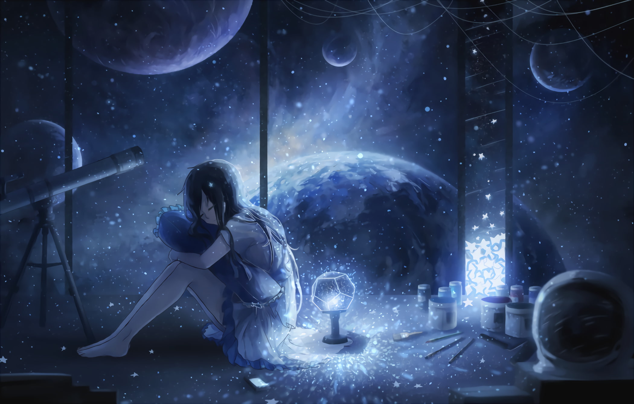 stars, long hair, anime, planet, night, space, closed eyes, smiling, paintbrushes, planetarium, feet, manga, 1080P, dress, telescope, dark hair, barefoot, HD Wallpaper