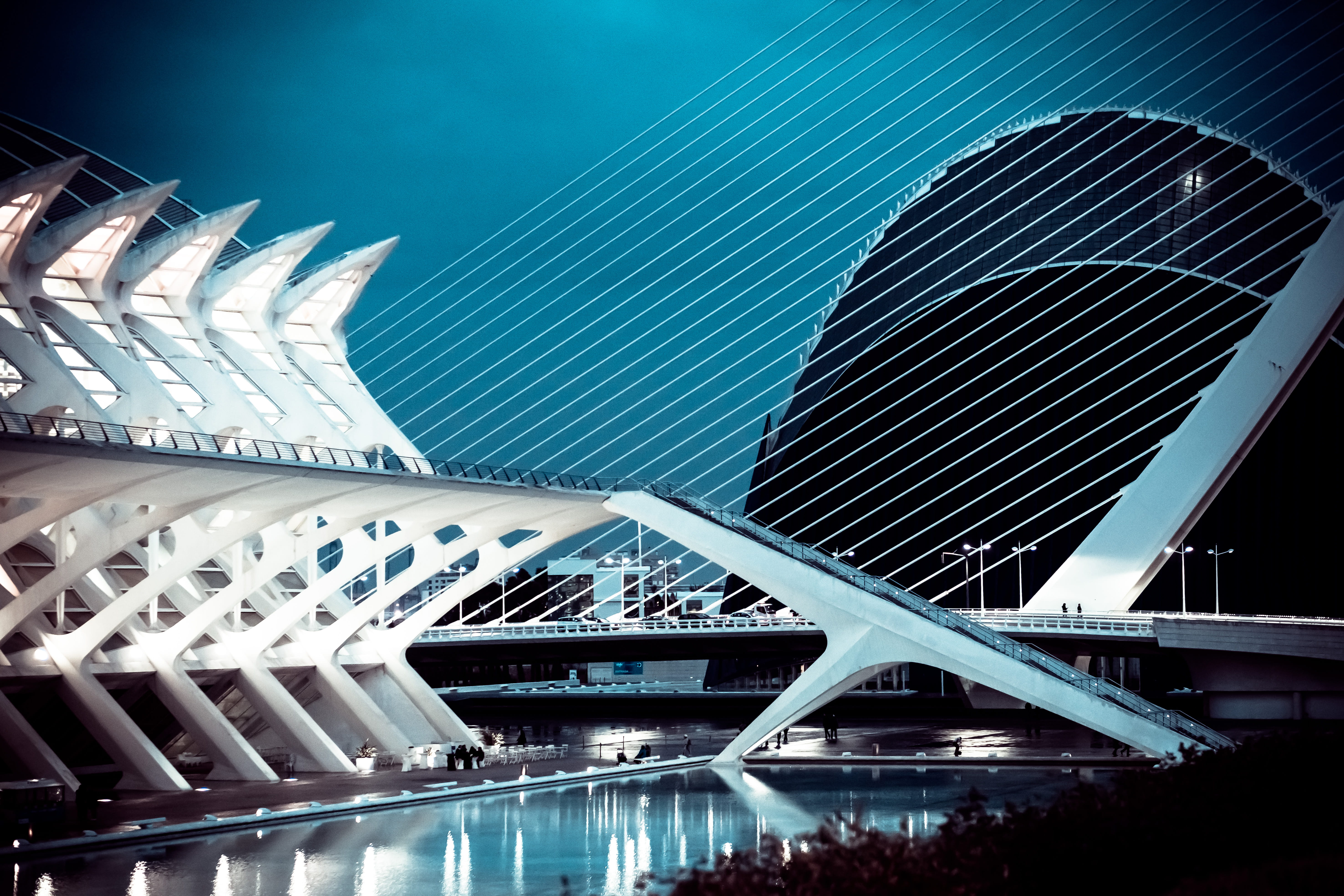 car, transportation, planetarium, office building exterior, sky, night, spain, architecture, skyscraper, black, arch, opera house, solar panels, illuminated, HD Wallpaper