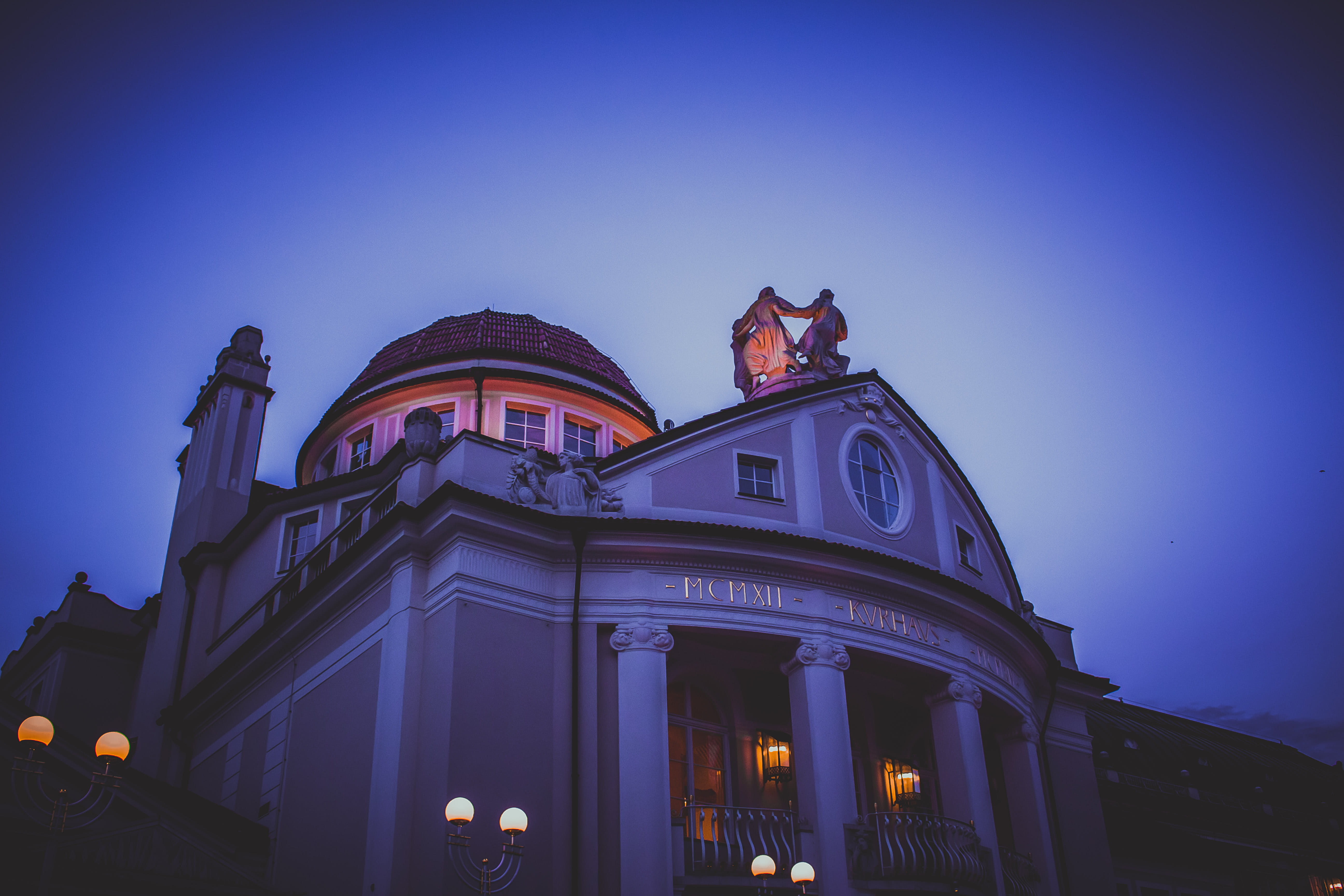 urban, architectural column, building exterior, blue, travel, low angle view, history, kurhaus, dusk, planetarium, city, travel destinations, mosque, no people, HD Wallpaper