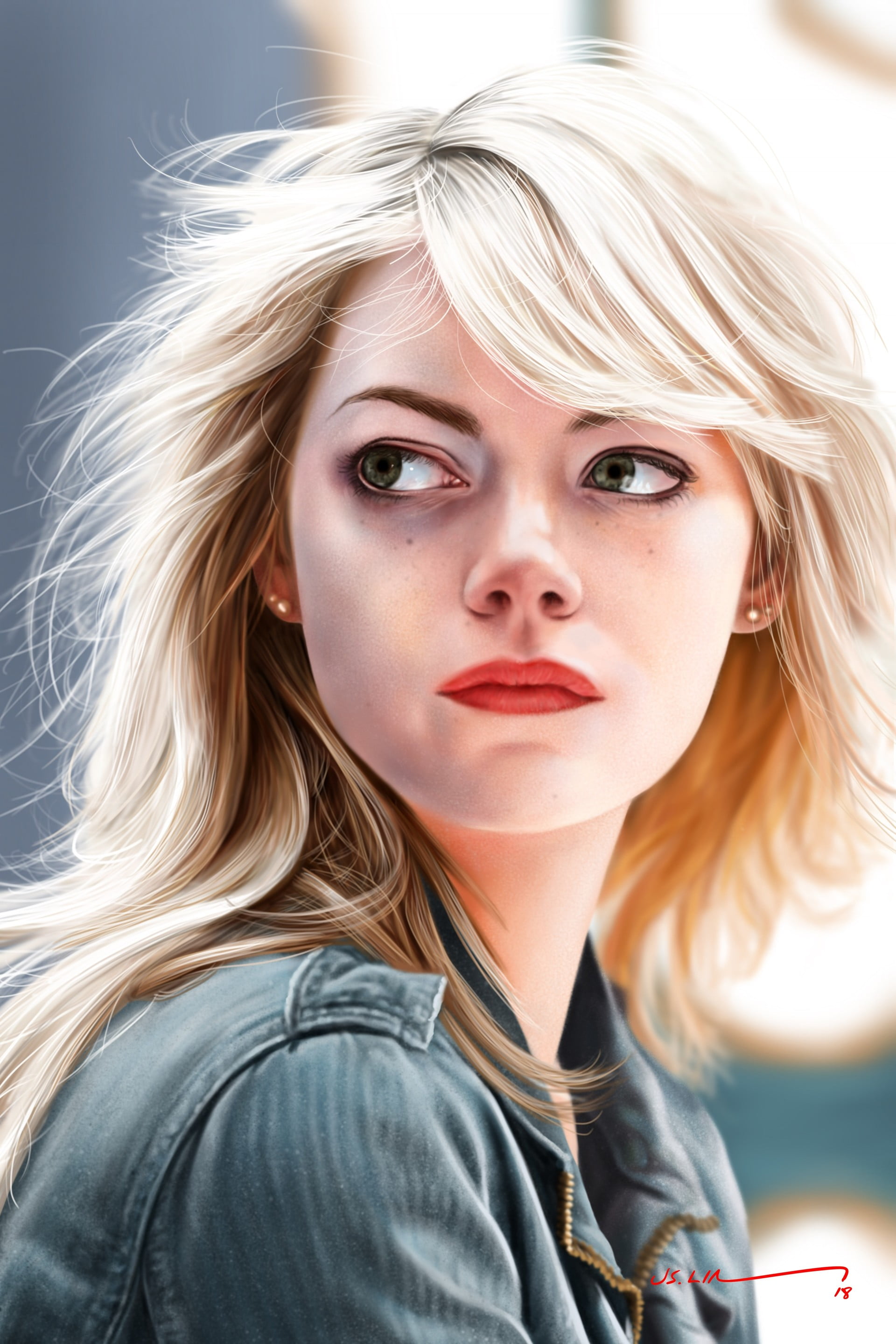 women, Jinsung Lim, drawing, digital art, Emma Stone, artwork, digital painting, fan art, realistic, 2K, Phone HD Wallpaper