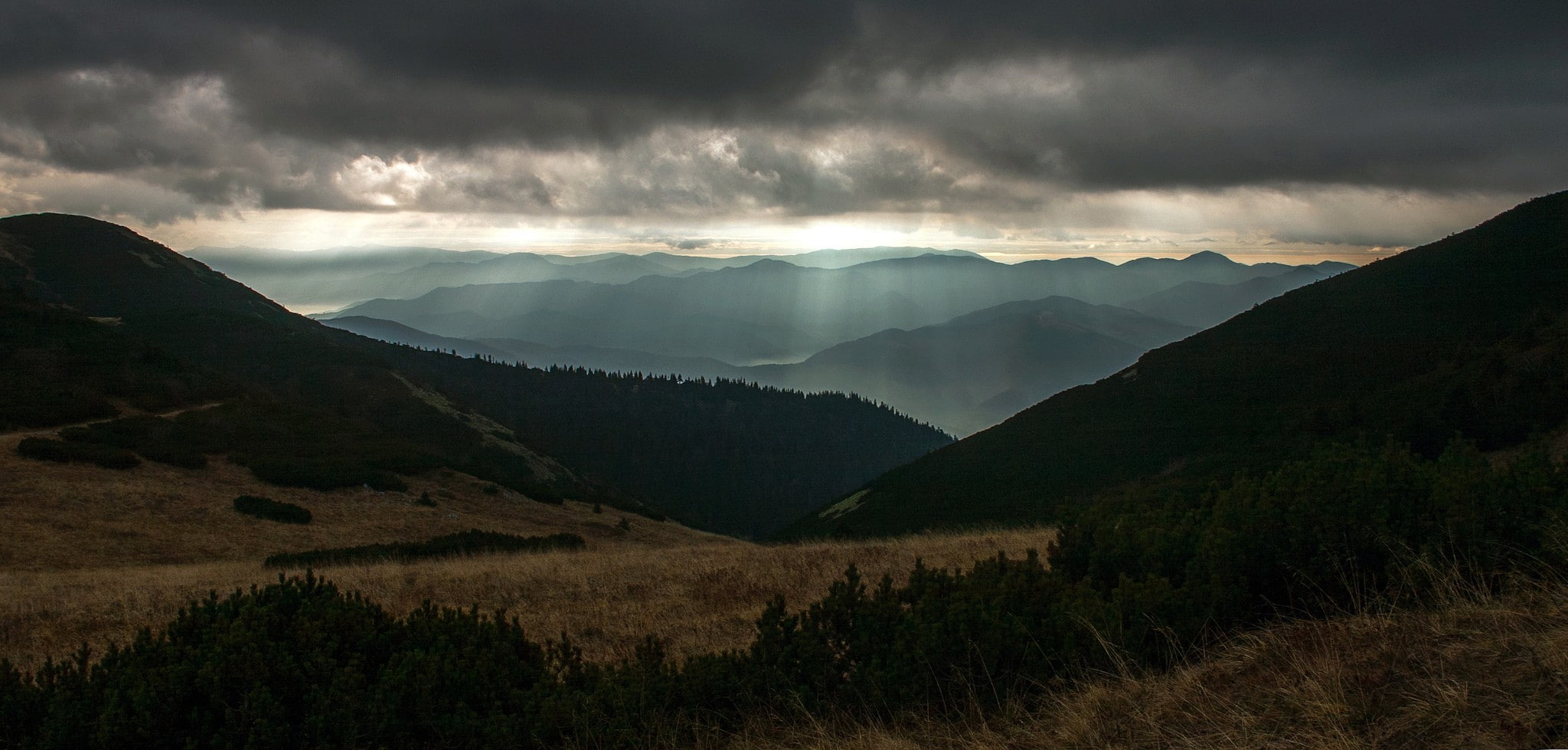 shrubs, hills, dark, clouds, sun rays, field, nature, brown, far view, landscape, 1080P, HD Wallpaper