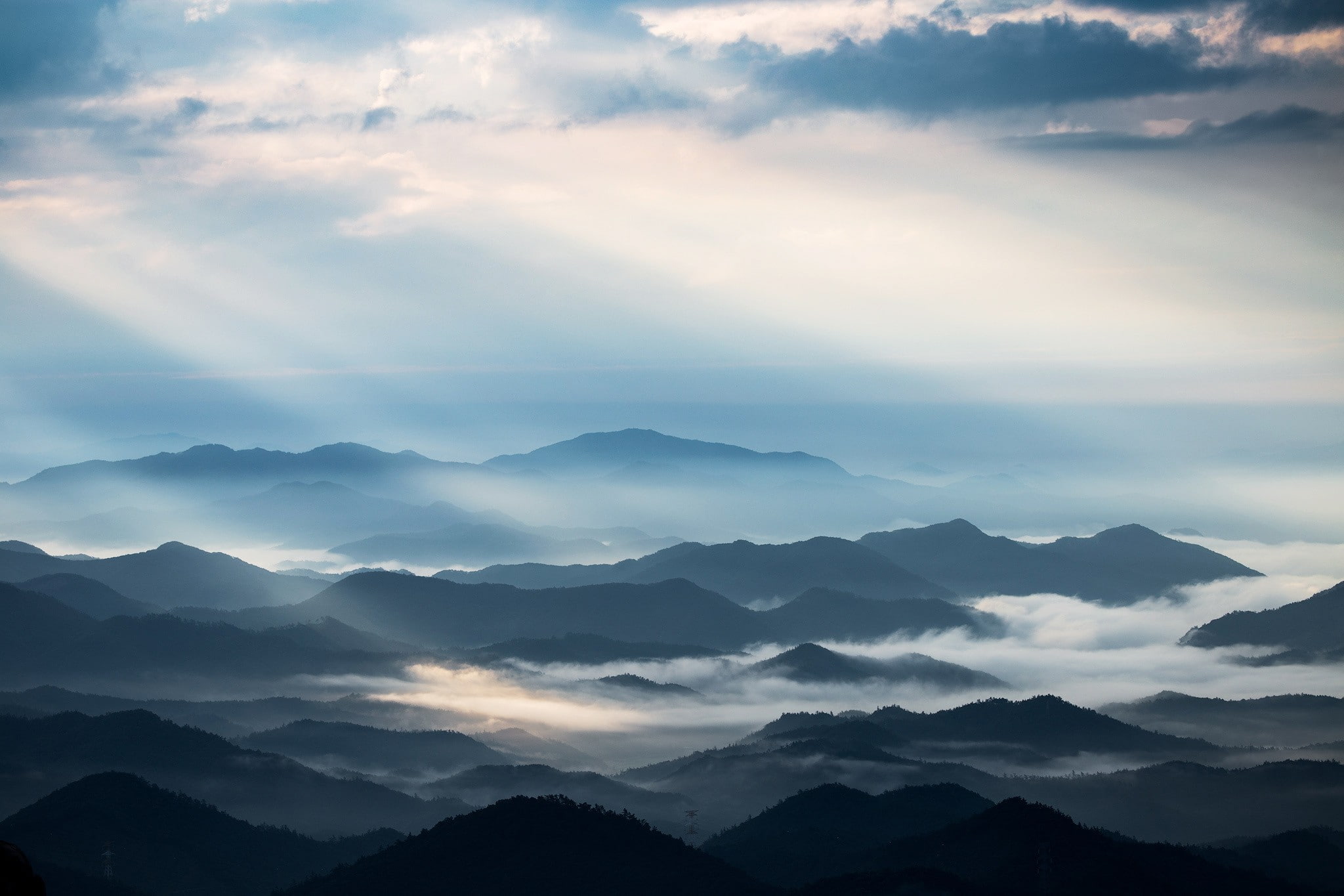 clouds, 1080P, landscape, nature, sun rays, photography, far view, hills, mist, mountains, HD Wallpaper