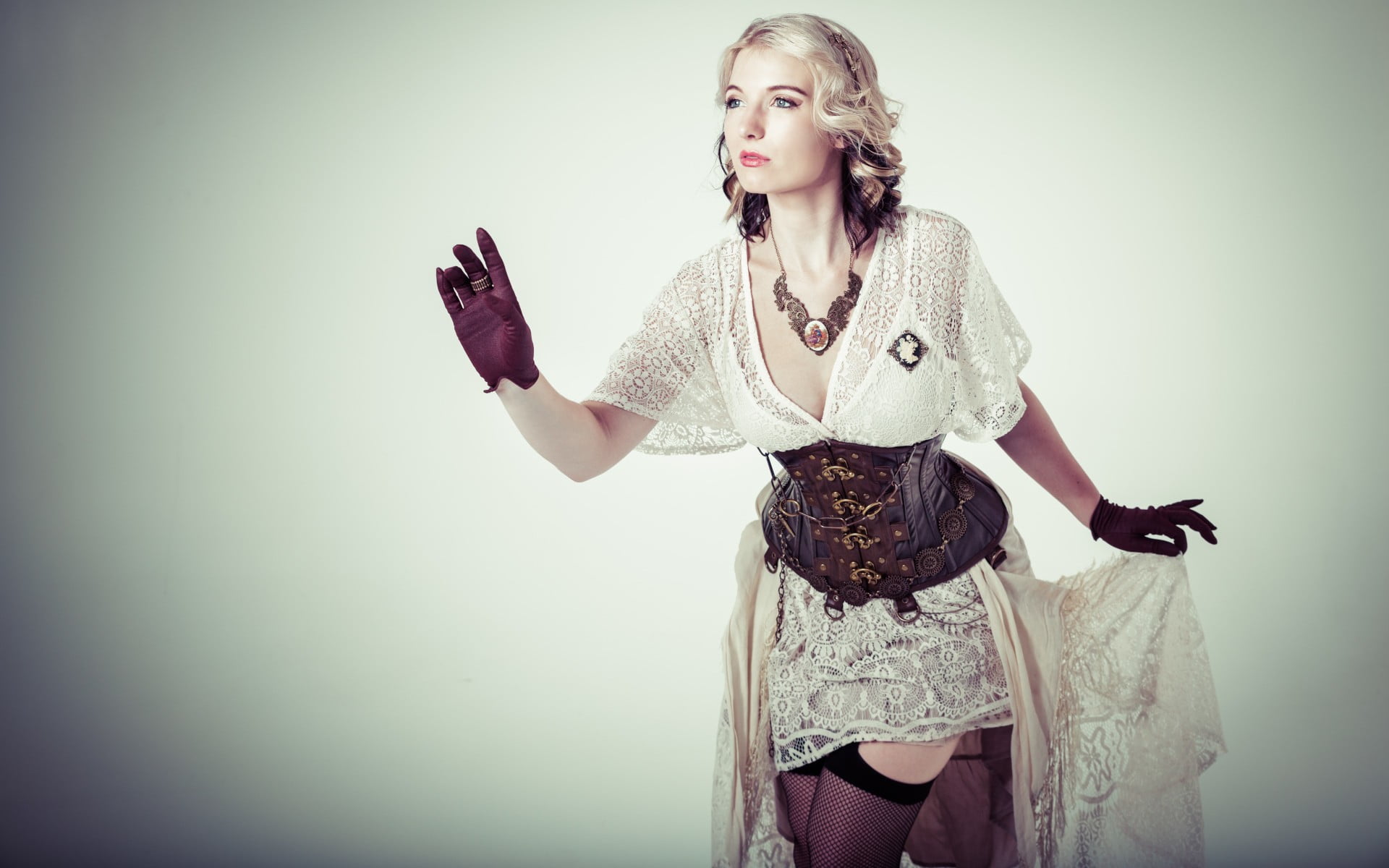 young adult, standing, cosplay, adult, contemplation, 1080P, studio shot, model, portrait, fashion, hairstyle, beautiful woman, dress, one person, hair, HD Wallpaper