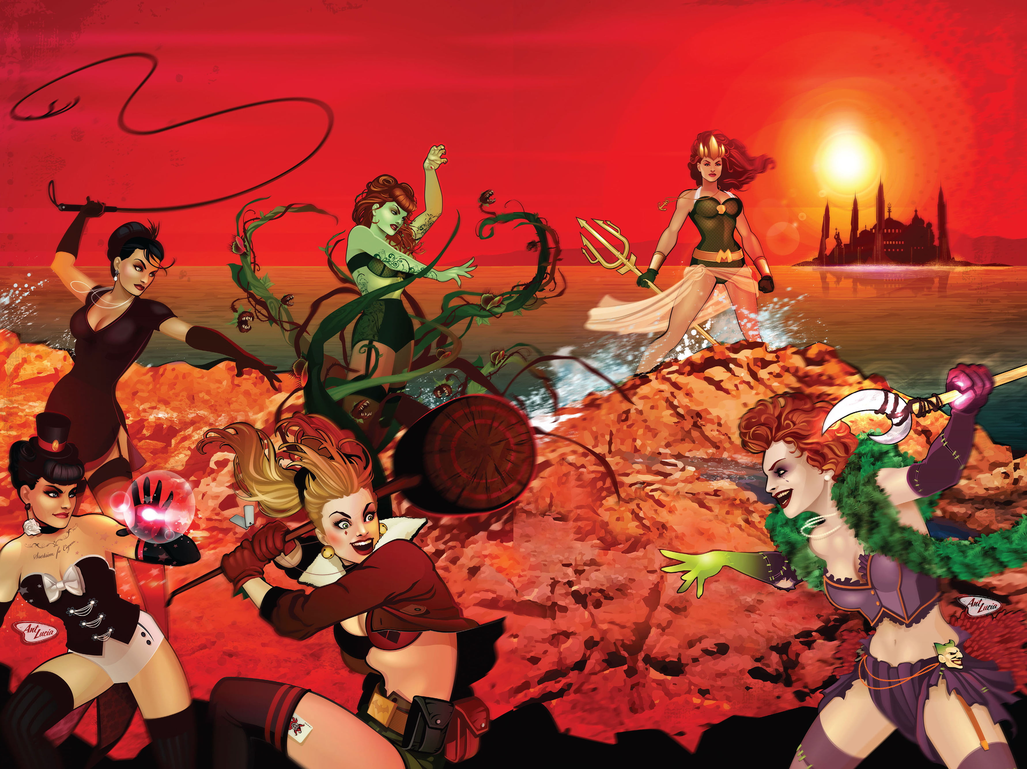 Harley Quinn, Catwoman, Mera (DC Comics), 2K, Comics, DC Bombshells, Zatanna, Poison Ivy, HD Wallpaper