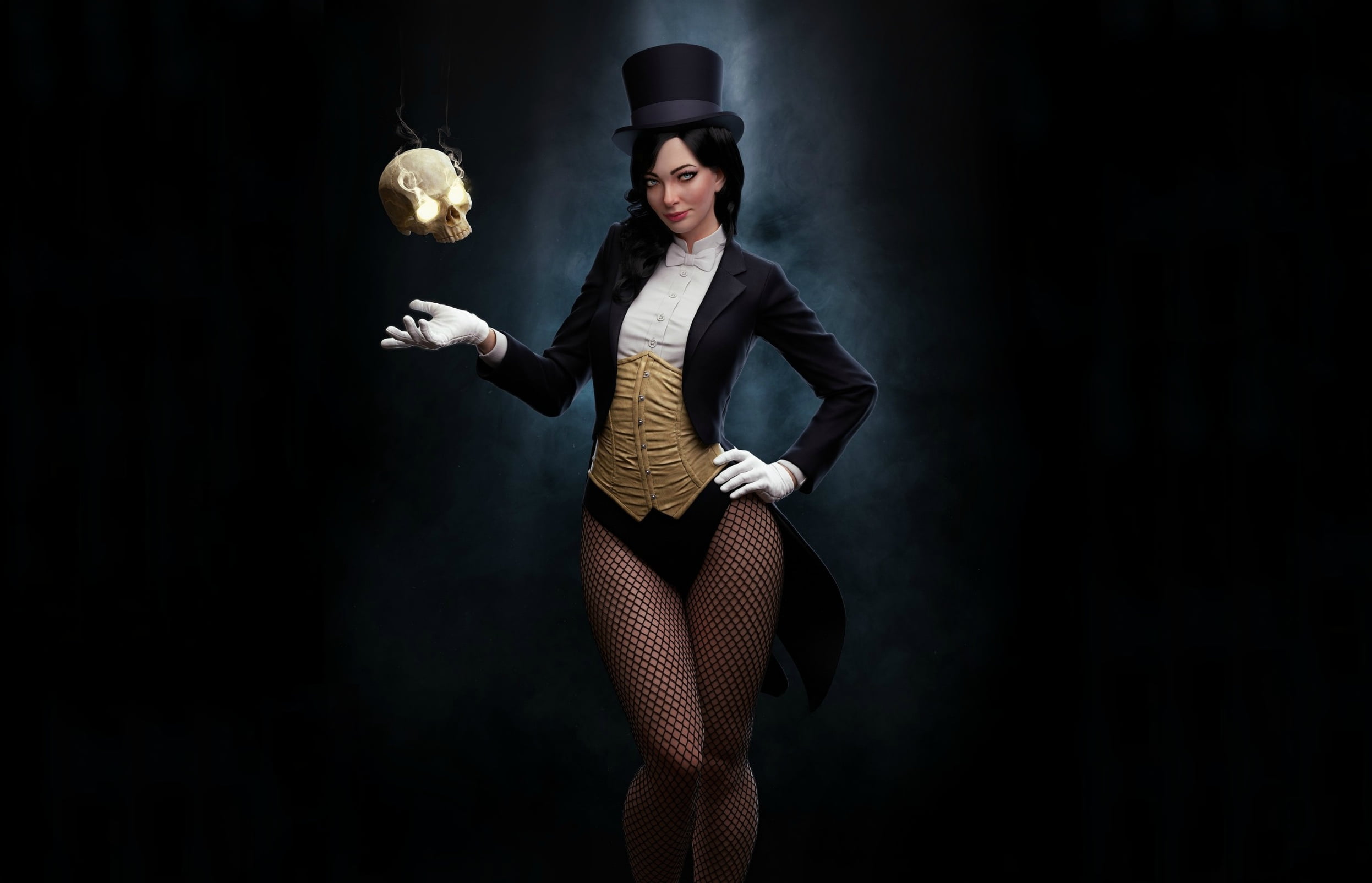 beautiful woman, girl, hat, studio shot, portrait, cylinder, pose, emotion, Zatanna, black, standing, woman, cardigan, black background, young adult, s, HD Wallpaper