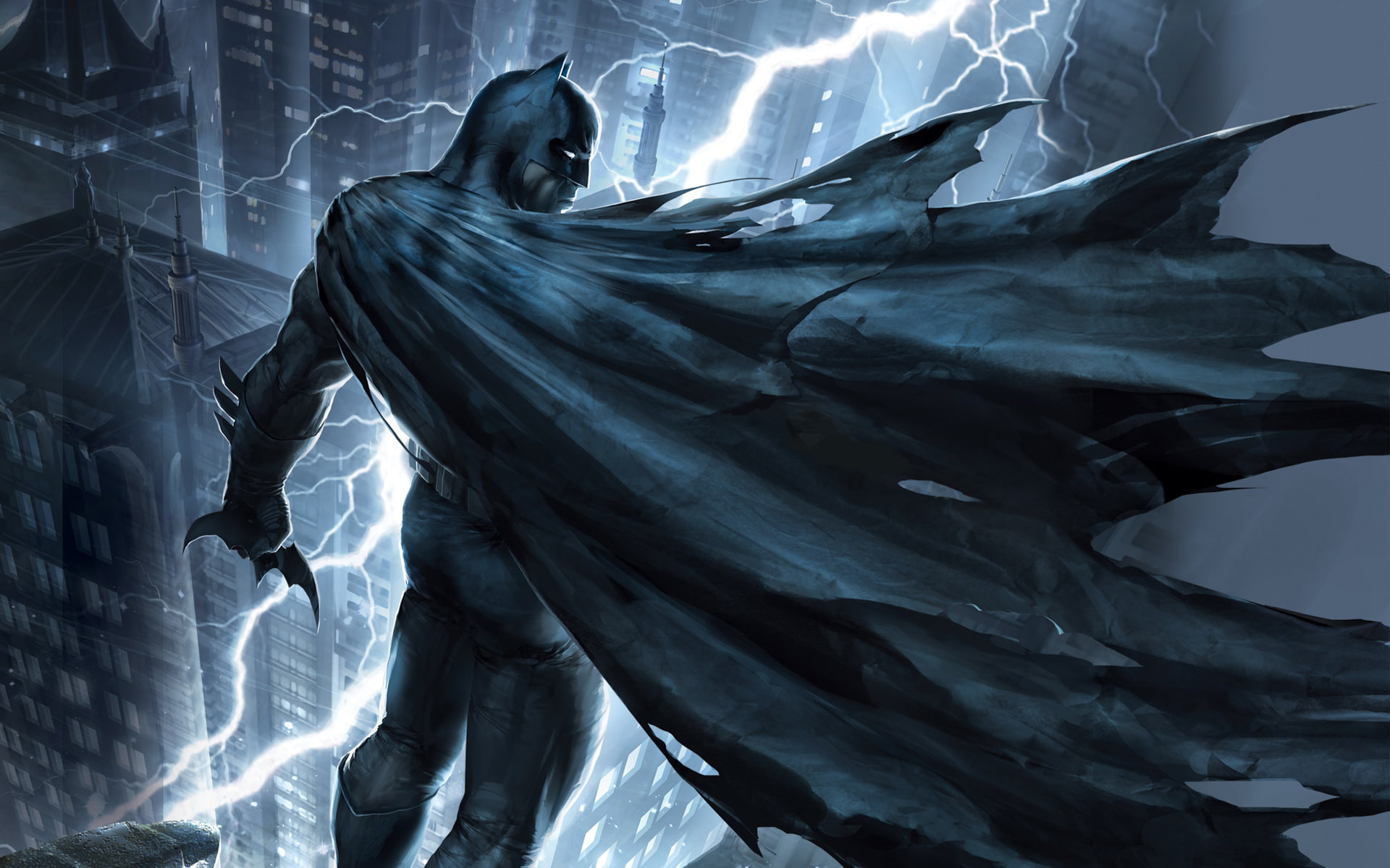 roof, art, mask, night, The Dark Knight Returns, the city, costume, Batman, lightning, 1080P, HD Wallpaper