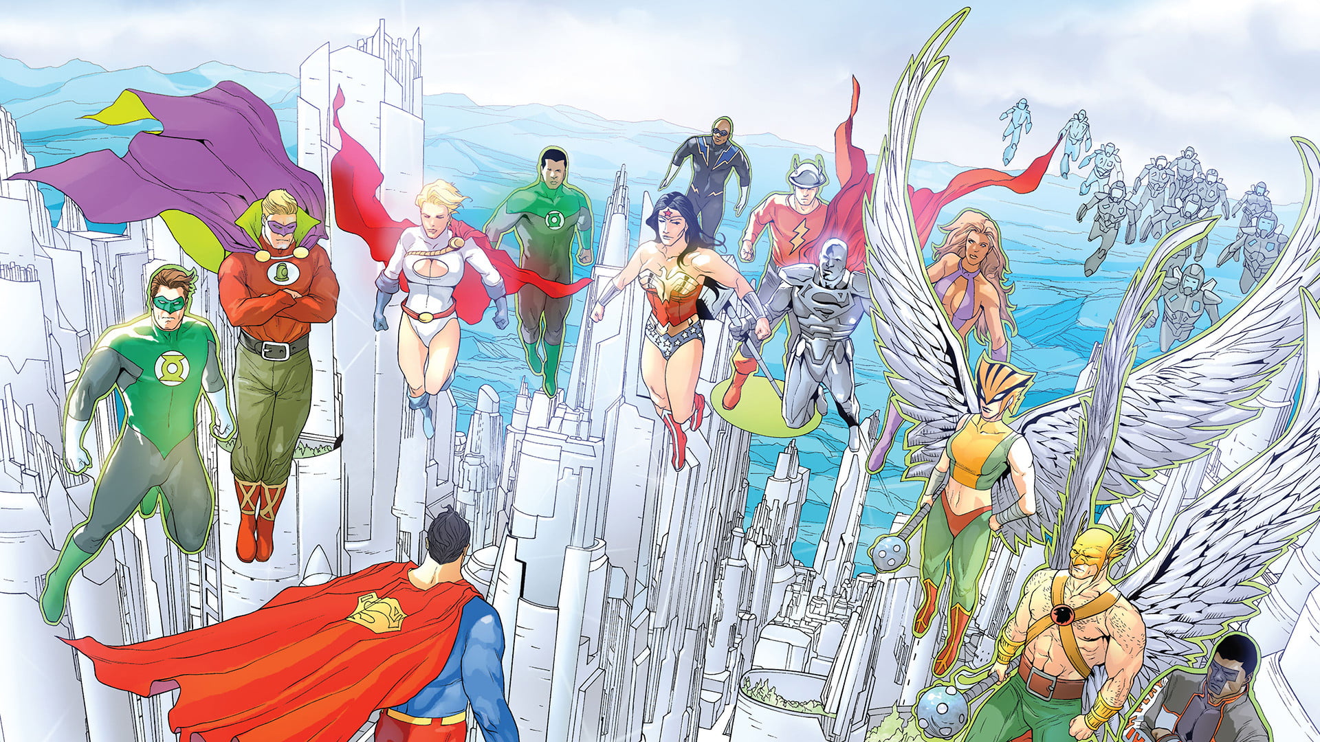 Hawkman, Justice League, Alan Scott, 1080P, Power Girl, Superman, Mister Terrific, Hal Jordan, John Stewart, Jay Garrick, Starfire (DC Comics), Hawkgirl, HD Wallpaper