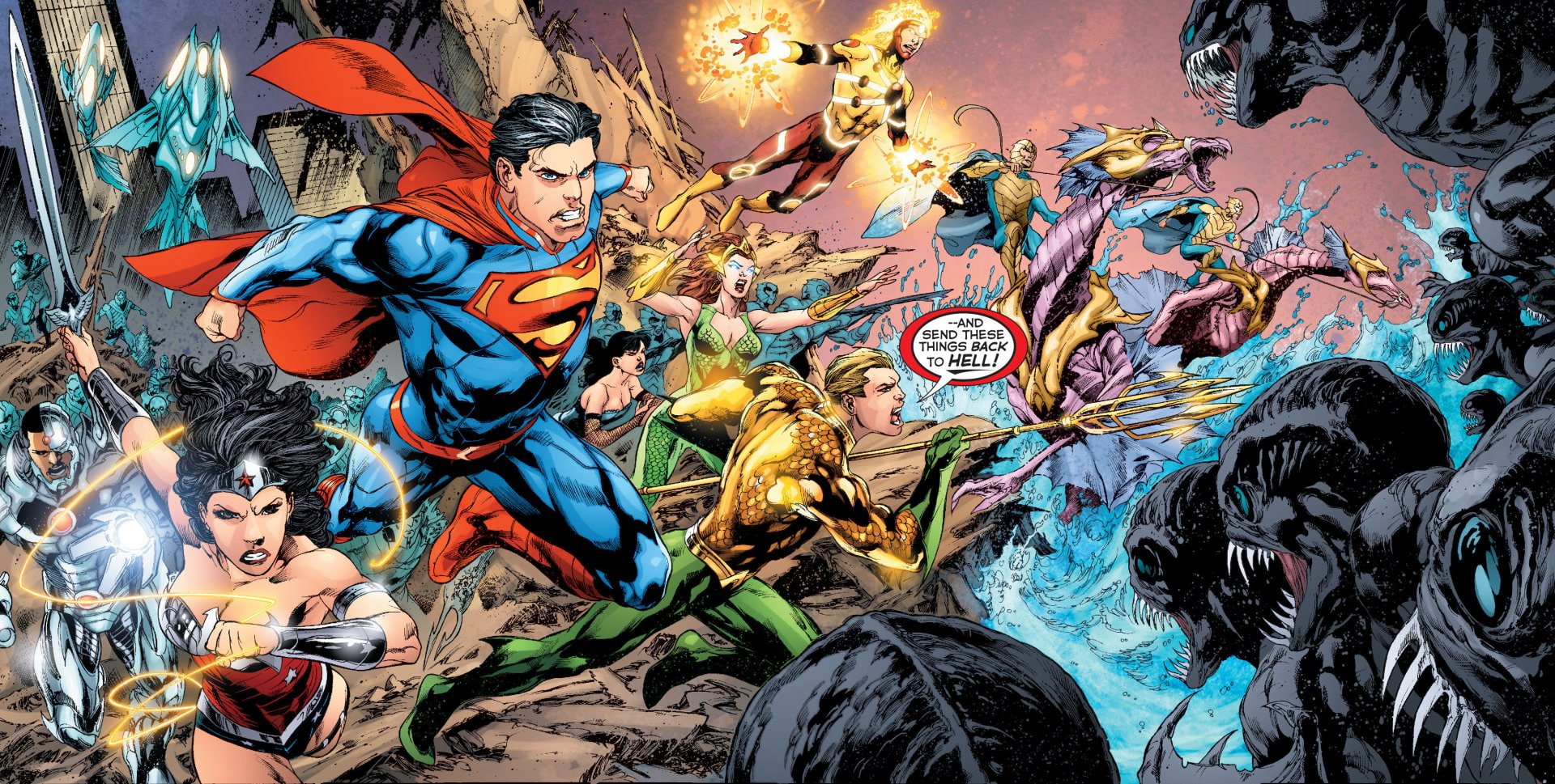 Firestorm (Comics), Wonder Woman, Superman, Aquaman, Comics, DC Comics, 1080P, Justice League, Superhero, Mera (DC Comics), Cyborg (DC Comics), HD Wallpaper