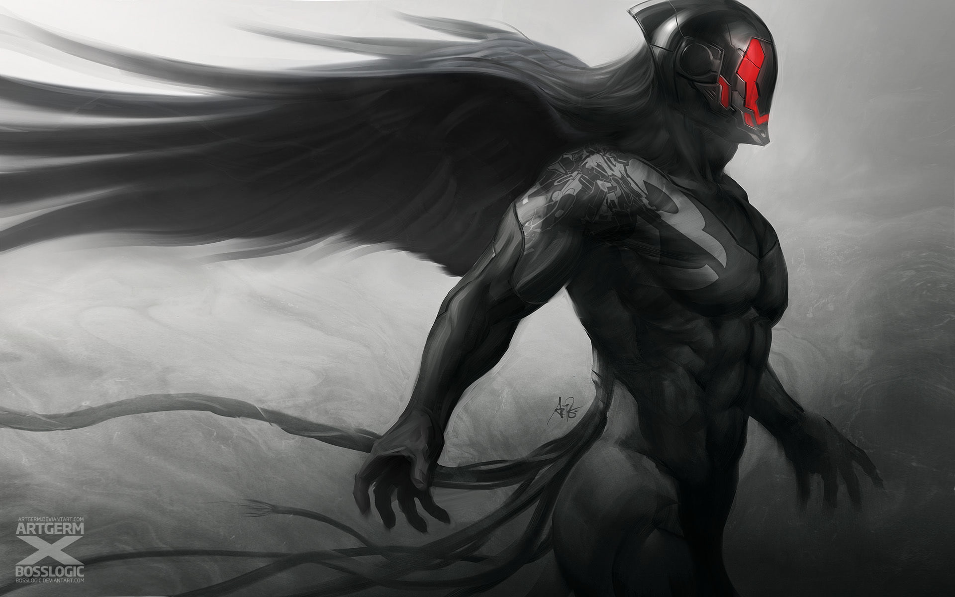 monochrome, wings, art, 1080P, mask, profile, artgerm, guy, stanley lau, black and white, HD Wallpaper