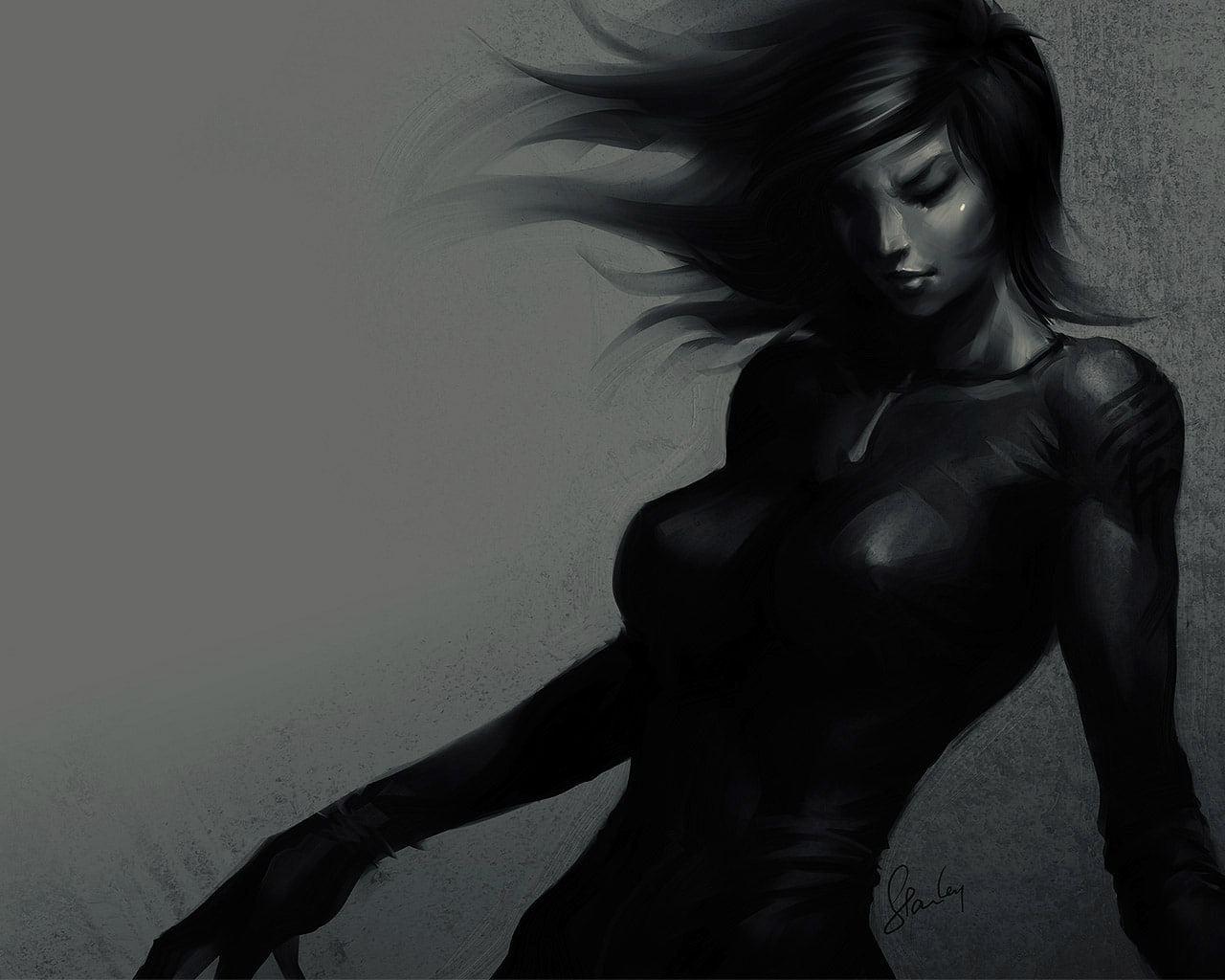 beauty, girl, black, adult, in motion, Artgerm, dark, women, long hair, digital composite, Stanley Lau, young adult, motion, hair, fashion, gray background, HD Wallpaper