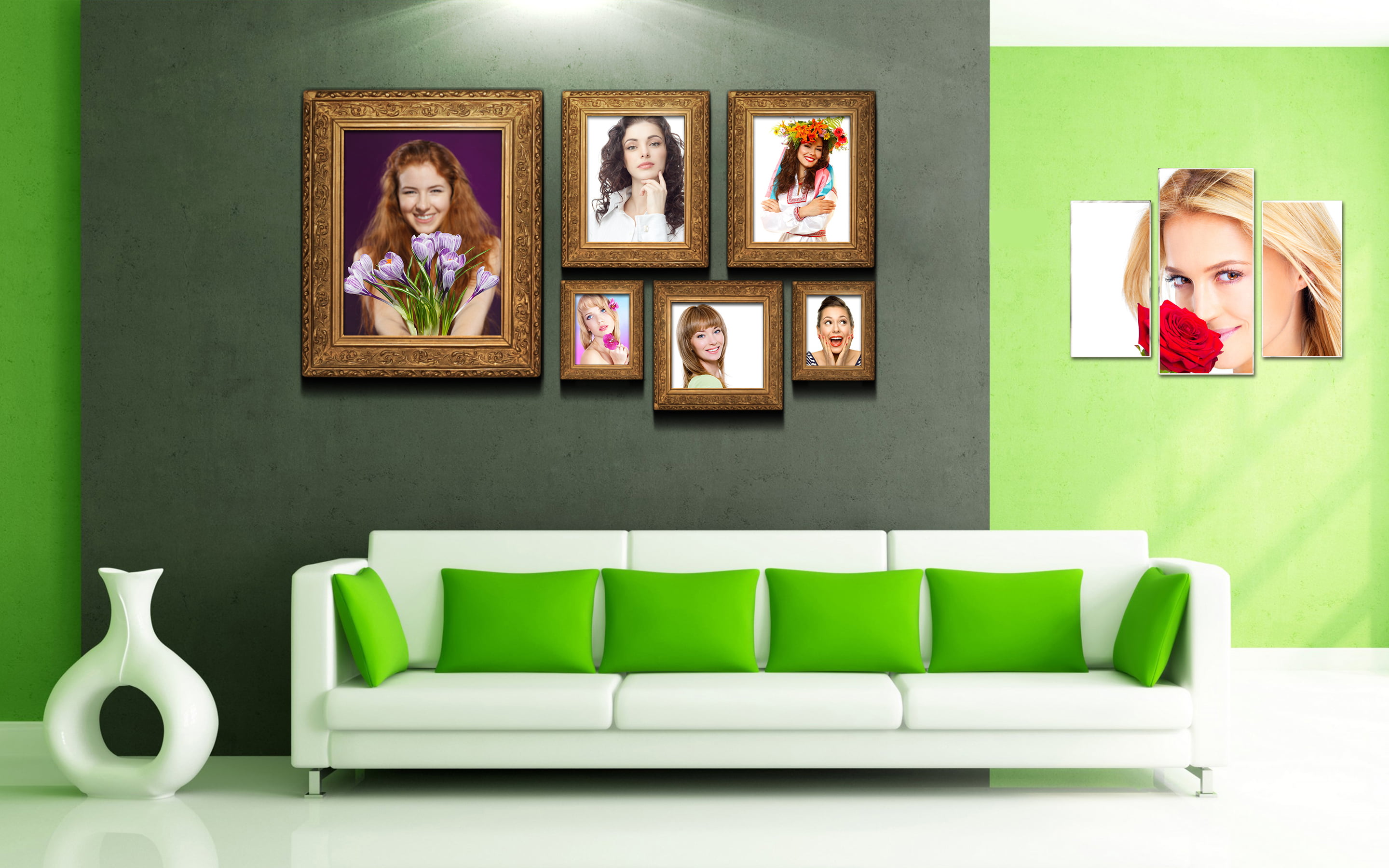 male likeness, couch, paintings, representation, furniture, leather, craft, wall - building feature, picture frame, human representation, living room, green color, HD Wallpaper