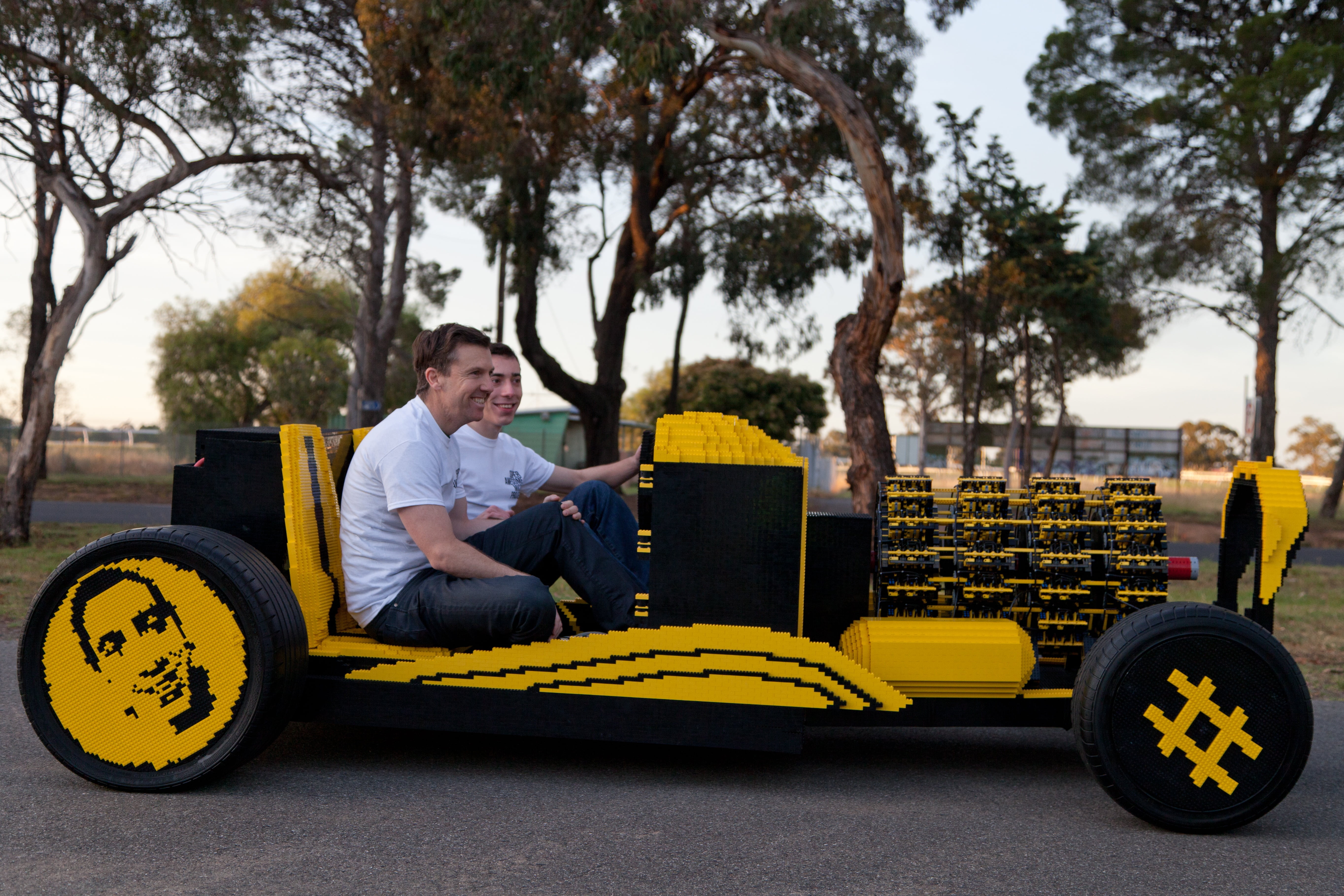 lego, young men, outdoors, casual clothing, men, adult, mode of transportation, day, build, 5K, play, males, construction, young adult, yellow, car, wheel, HD Wallpaper