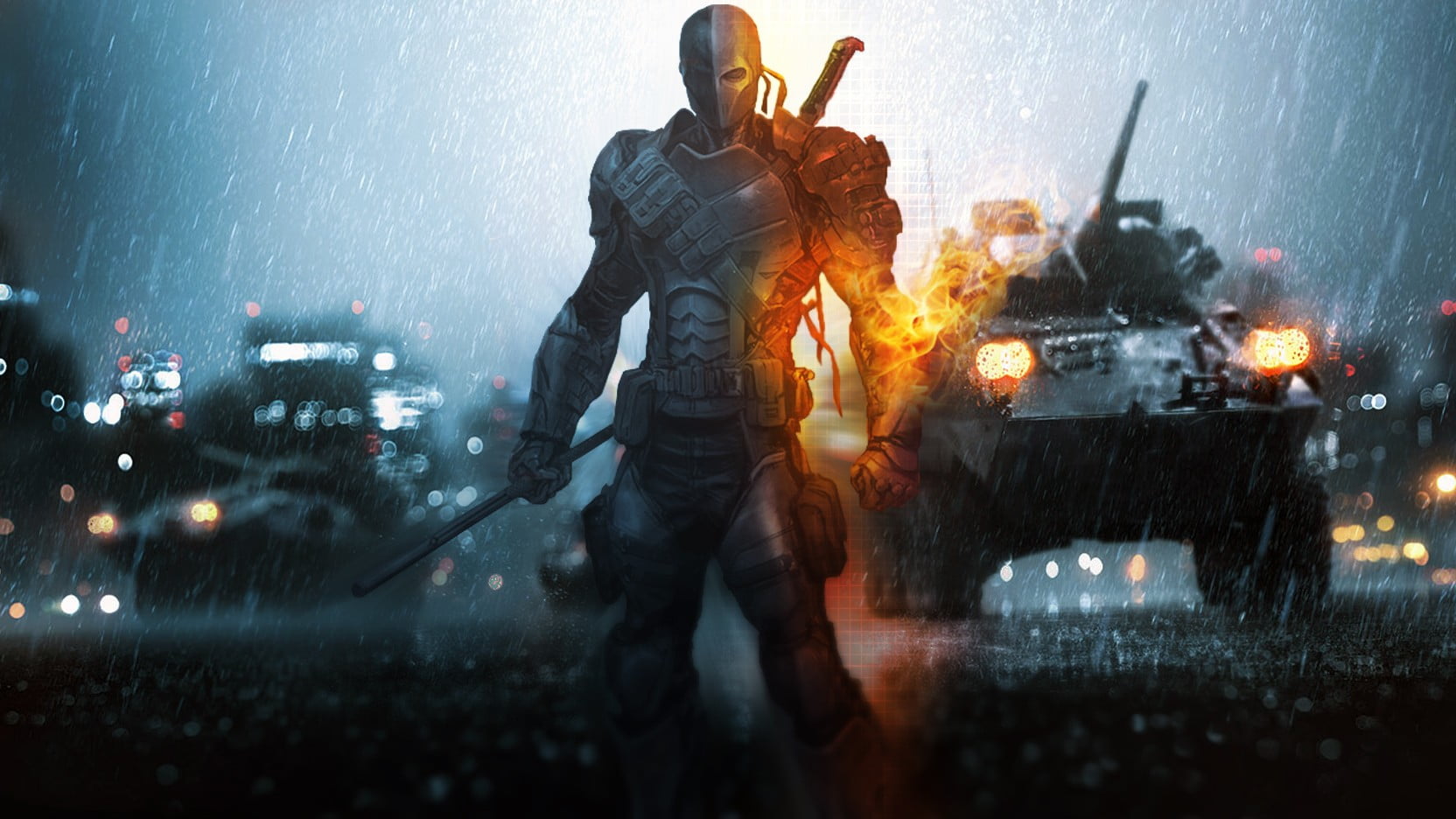 heroes, Deathstroke, video games, conflict, military, transportation, headwear, men, warning sign, digital art, 720P, fighting, standing, aggression, HD Wallpaper
