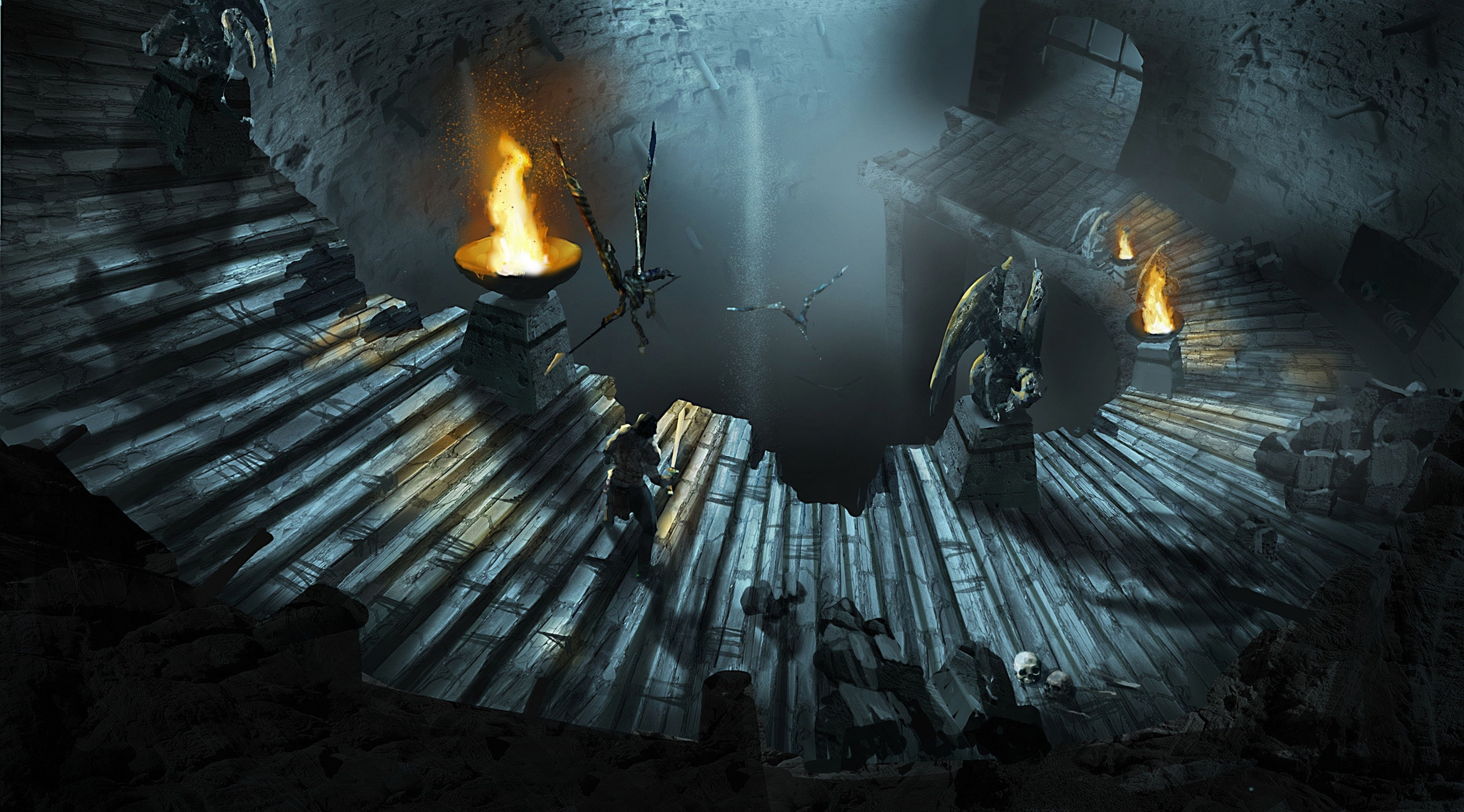 glowing, illuminated, siege, ceiling, technology, nature, dungeon, dungeon siege 3, architecture, Games, metal, burning, pattern, flame, wood - material, HD Wallpaper