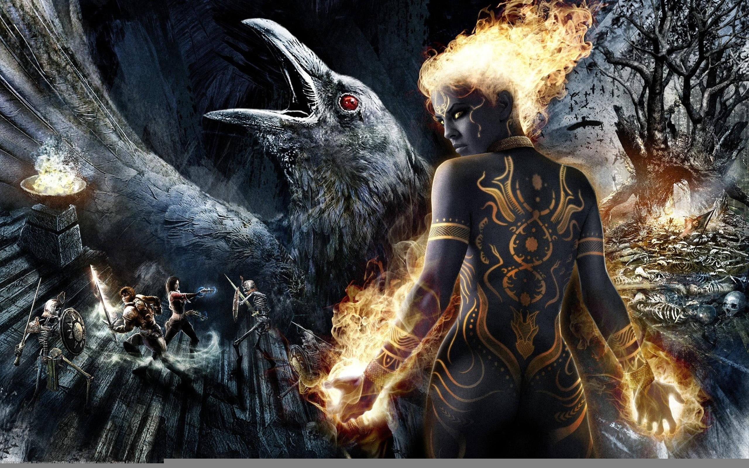 sign, magic, swords, fire - Natural Phenomenon, darkness, nature, representation, 2K, burning, warriors, three quarter length, campfire, fireplace, heat - Temperature, HD Wallpaper
