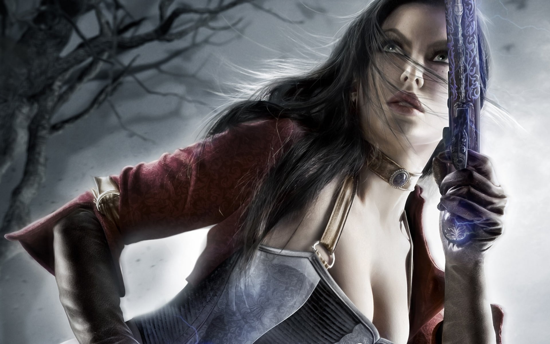 hair, gray, beautiful woman, art, front view, girl, red, adult, weapons, revolver, top, leisure activity, casual clothing, lifestyles, Dungeon Siege 3, HD Wallpaper