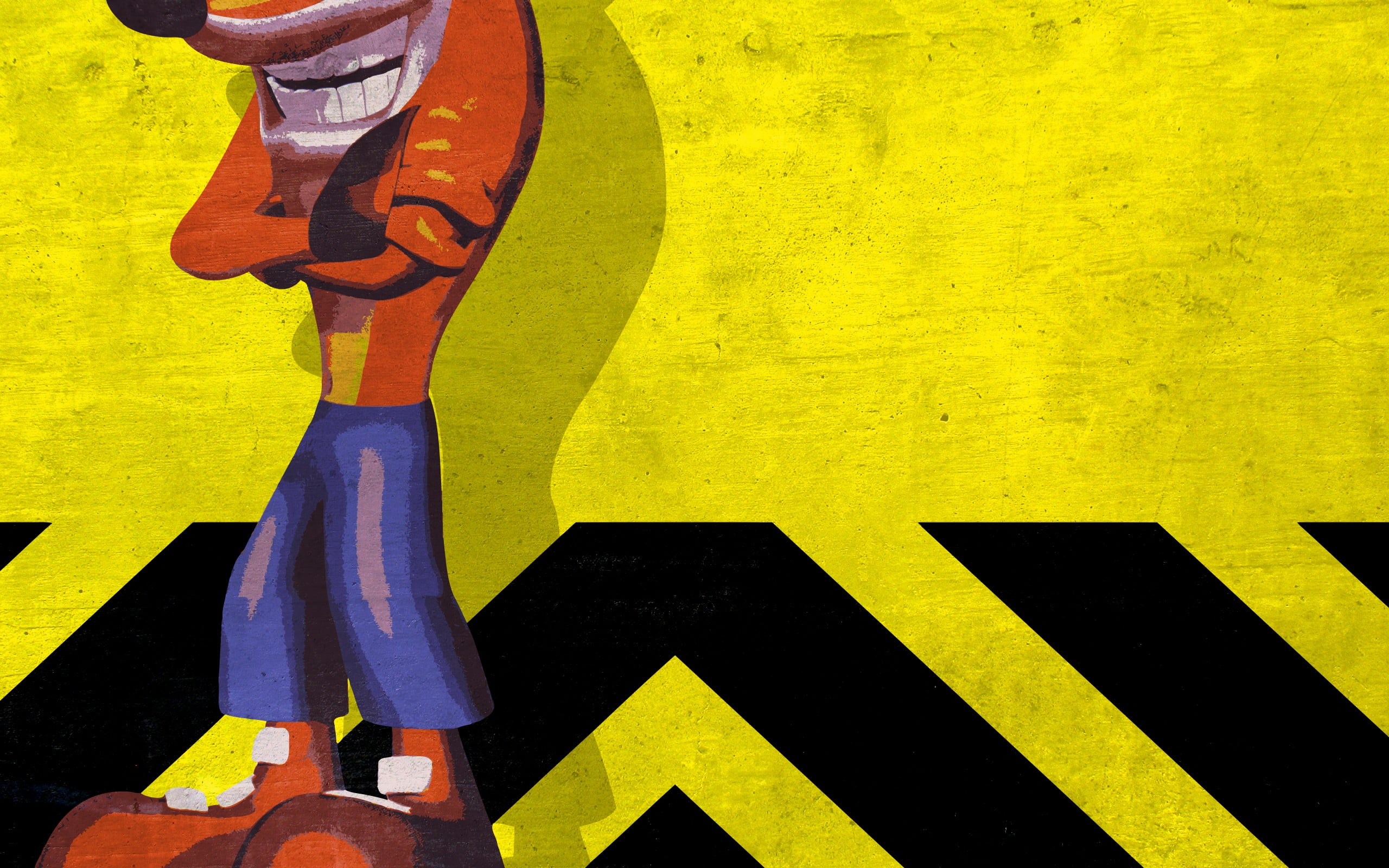 architecture, men, leisure activity, shadow, character, outdoors, human foot, wall, one person, Crash Bandicoot, real people, yellow, day, jeans, human leg, HD Wallpaper