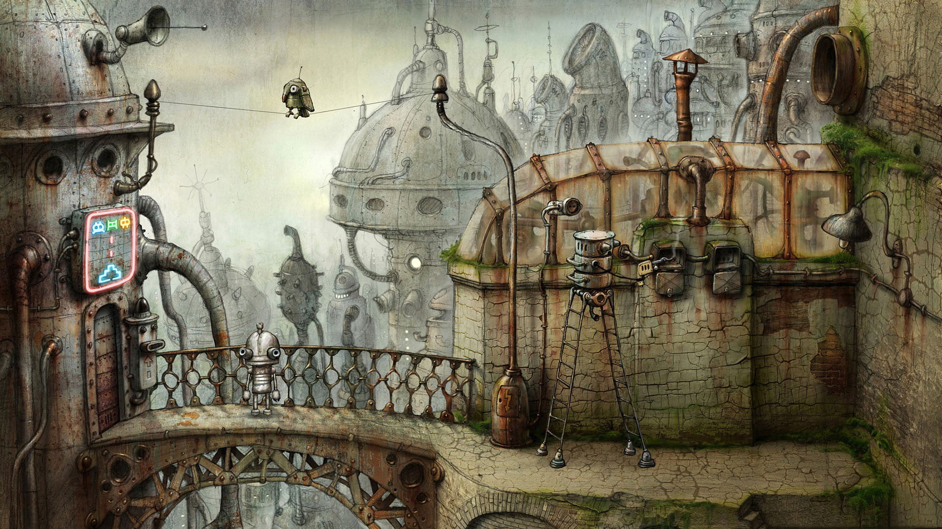 abandoned, craft, robot, lighting equipment, creativity, Machinarium, the past, 1080P, wall, damaged, wall - building feature, metal, history, video games, HD Wallpaper