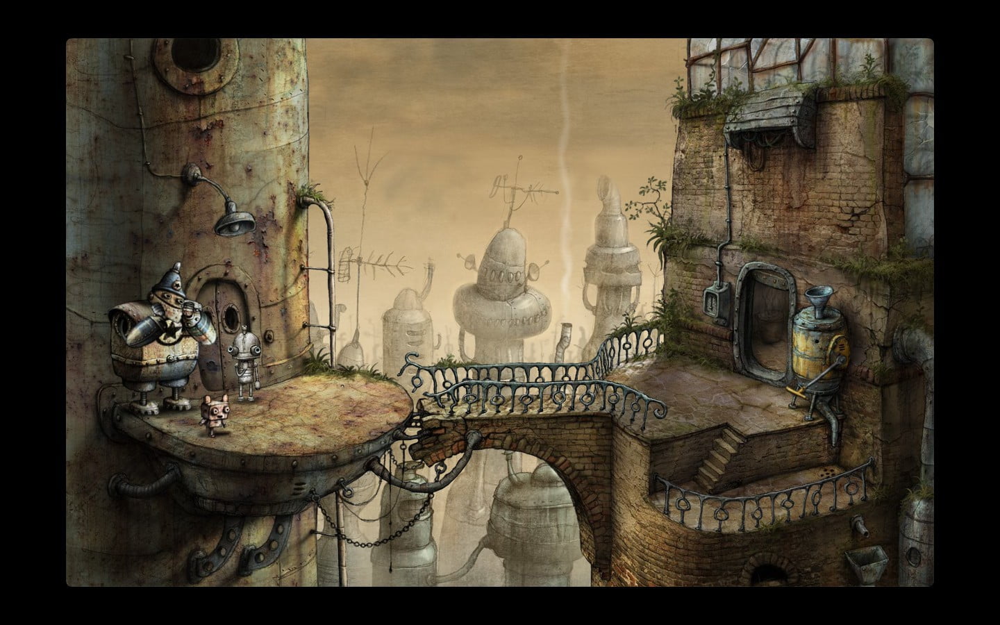 city, male likeness, the past, old, history, metal, building exterior, painting, transfer print, art and craft, sculpture, place of worship, Machinarium, HD Wallpaper