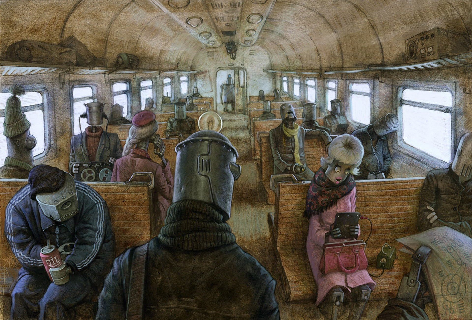 metal, fantasy art, Machinarium, crowds, artwork, video games, vehicle interiors, train, robot, 1080P, drawing, window, HD Wallpaper