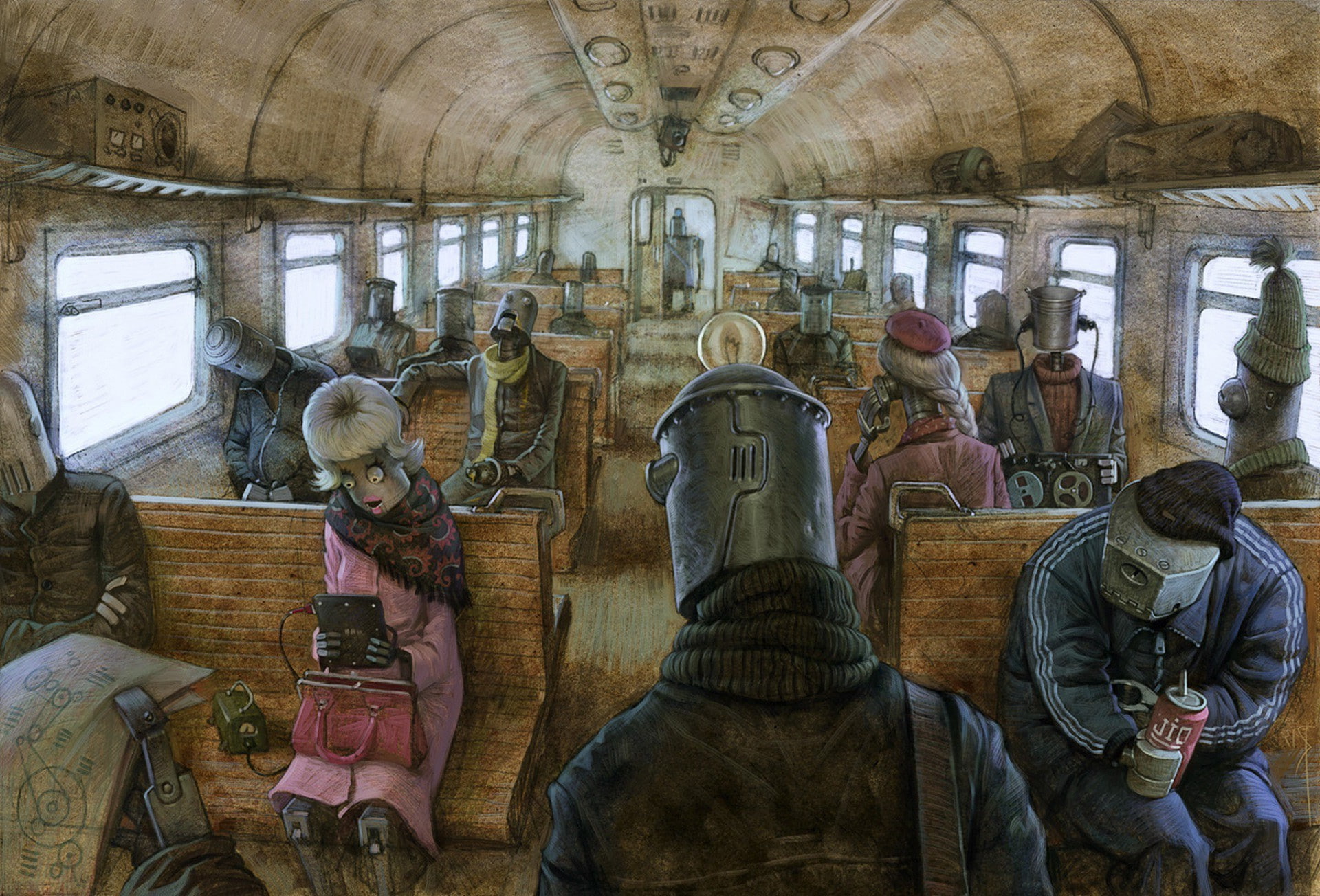 representation, robot, indoors, 1080P, real people, artwork, vehicle interior, day, people, Vehicle Interiors, transportation, male likeness, Metal, window, HD Wallpaper