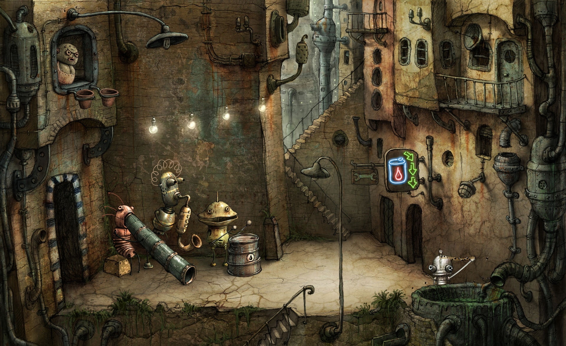 art and craft, text, Machinarium, built structure, no people, window, adventure game, Alley, concrete, architecture, wall - building feature, dirt, alley machinarium game, HD Wallpaper