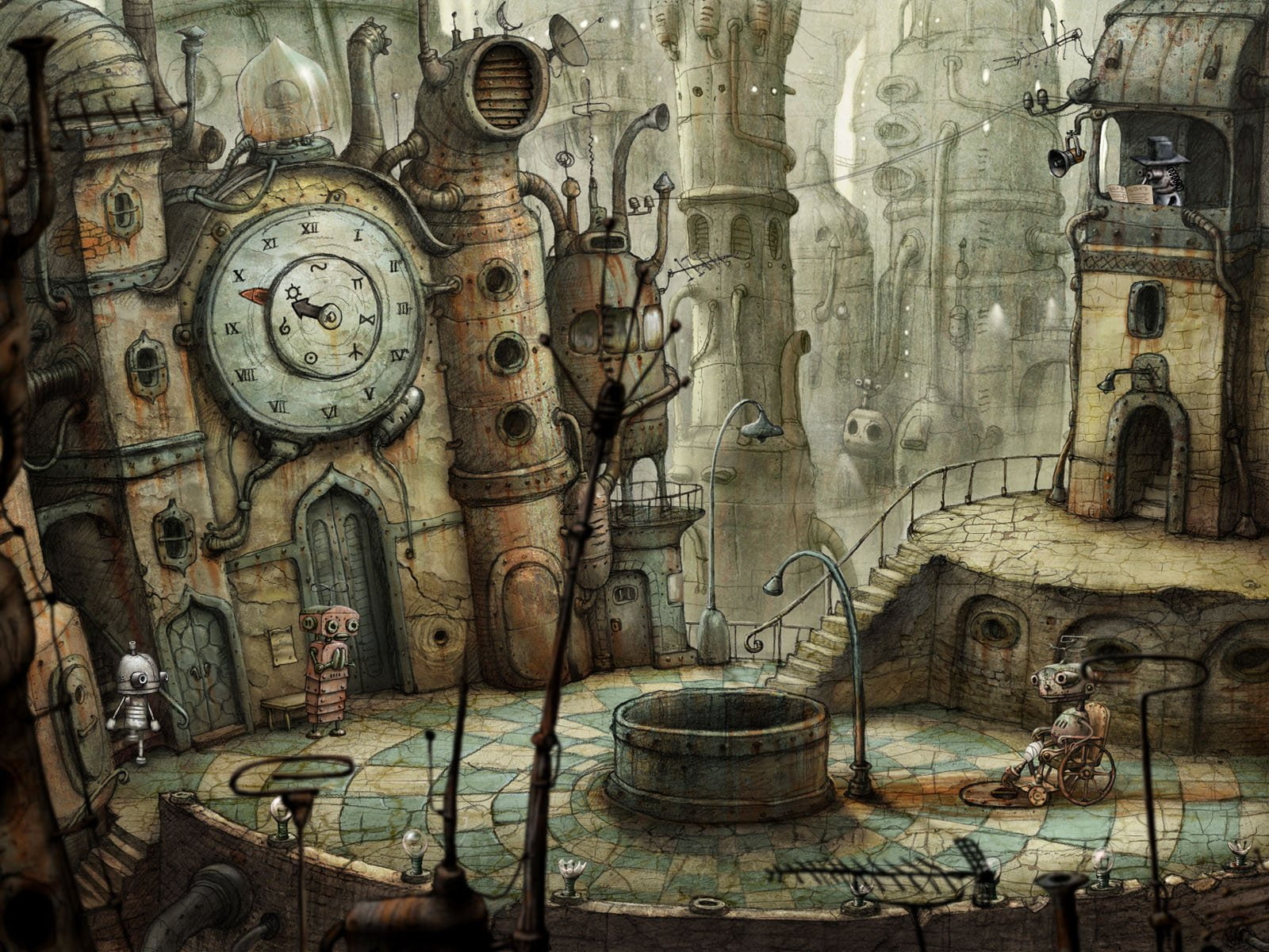 720P, clock, wheelchair, robots, clocks, machinarium, tower, HD Wallpaper