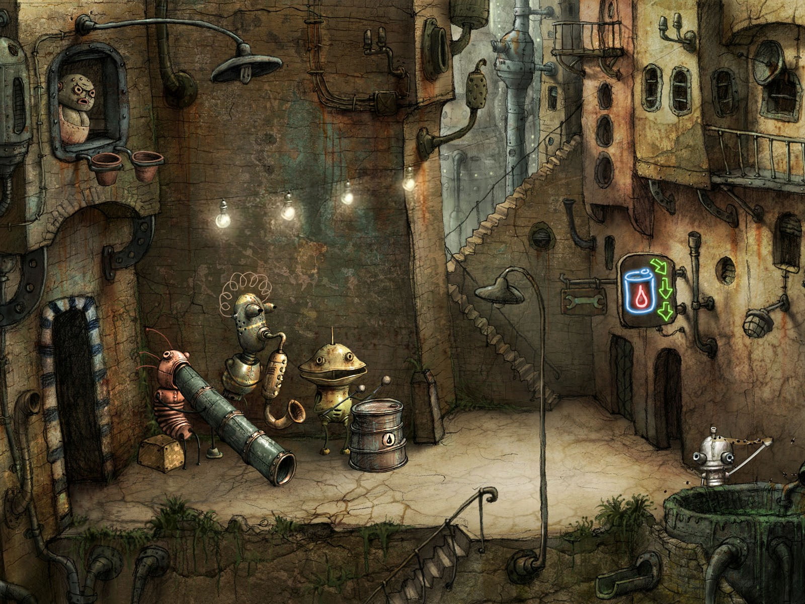 built structure, large group of objects, building, indoors, equipment, old, representation, machinarium, hanging, 720P, human representation, table, electric lamp, HD Wallpaper