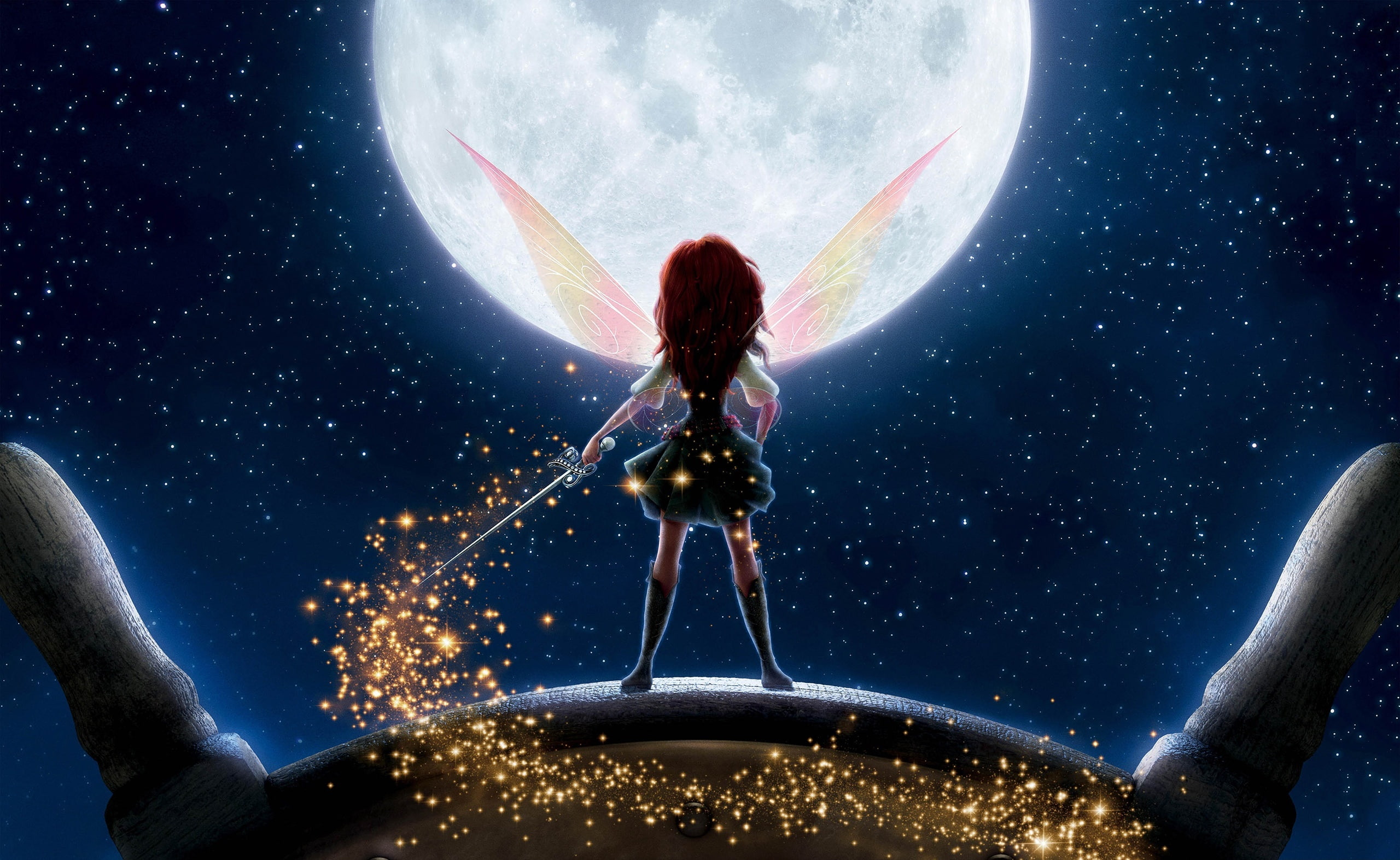 planet earth, night, people, nature, red, haired, female, pirate, space exploration, adventure, 2014, Pirate Fairy, moon, movie, sphere, astronomy, two people, HD Wallpaper